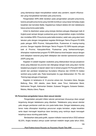 169
Profil Direktorat Jenderal Pencegahan dan Pengendalian Penyakit Tahun 2022
yang diantaranya dapat menyebabkan wabah atau pandemi, seperti influenza
dan yang menyebabkan kematian yaitu pneumonia.
Pengendalian ISPA dititik beratkan pada pengendalian penyakit pneumonia,
karena penyakit pneumonia yang memiliki kontribusi cukup besar terhadap angka
kesakitan dan kematian Balita. Kegiatannya meliputi deteksi dini dan tatalaksana
kasus pneumonia pada balita.
Untuk itu diperlukan upaya yang sinergis diantara petugas dilapangan baik di
tingkat pusat sampai dengan puskesmas guna mengendalikan angka morbiditas
dan mortalitas ISPA / Pneumonia pada balita tersebut, salah satu yang akan kami
lakukan yaitu dengan mengadakan kegiatan Bimbingan Teknis Program P2 ISPA
pada petugas ISPA Provinsi, Kabupaten/Kota, Puskesmas di masing-masing
provinsi. Dengan kegiatan Bimbingan Teknis Program P2 ISPA kepada petugas
baik di Provinsi, Kabupaten/Kota, Puskesmas yang berkesinambungan,
diharapkan implementasi program P2 ISPA disemua level berjalan sesuai dengan
arah kebijakan nasional yang telah ditetapkan dan standar operasional prosedur
(SOP) yang ada.
Kegiatan ini adalah kegiatan swakelola yang dilaksanakan berupa perjalanan
dinas yang dilakukan ke provinsi dan dilengkapi dengan tools yang akan menilai
berjalannya program di daerah dalam hal ini terkait program P2 Penyakit ISPA itu
sendiri dan penilaian berjalannya Surveilans Influenza dan COVID-19 melalui
sentinel yang sudah ada. Pada kesempatan itu juga dilaksanakan On The Job
Training bagi petugas di lapangan.
Kegiatan ini terlaksana di 14 provinsi antara lain; Sumatera Utara, Bangka
Belitung, Riau, DKI Jakarta, Jawa Barat, Jawa Timur, Kalimantan Barat,
Kalimantan Tengah, Kalimantan Selatan, Sulawesi Tenggara, Sulawesi Selatan,
Maluku, Maluku Utara, Papua.
VII.Persentase pengobatan kasus diare sesuai standar
Pengendalian penyakit infeksi saluran pencernaan khususnya diare sangat
tergantung dengan tatalaksana yang diberikan. Tatalaksana yang sesuai standar
yaitu dengan pemberian oralit dan zinc pada balita diare. Dengan tatalaksana yang
benar maka diharapkan terjadinya penurunan angka kematian, angka kesakitan
serta dapat mencegah terjadinya diare berulang yang nantinya dapat mencegah
terjadinya kasus stunting pada balita.
Berdasarkan data pada grafik, capaian indikator nasional tahun 2022 sebesar
92,20%. Angka tersebut artinya sudah berhasil melebihi target pada tahun 2022,
 
