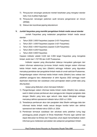 236
Profil Direktorat Jenderal Pencegahan dan Pengendalian Penyakit Tahun 2022
7) Penyusunan rancangan peraturan menteri kesehatan yang mengatur standar
baku mutu kualitas lingkungan
8) Penyusunan rancangan pedoman audit rencana pengamanan air minum
(RPAM)
9) Diskusi dan koordinasi jejaring laboratorium
V. Jumlah fasyankes yang memiliki pengelolaan limbah medis sesuai standar
Jumlah Fasyankes yang melakukan pengelolaan limbah medis sesuai
standar:
• Tahun 2020: 2.600 Fasyankes (capaian 2.431 Fasyankes)
• Tahun 2021: 3.000 Fasyankes (capaian 3.421 Fasyankes)
• Tahun 2022: 4.850 Fasyankes (capaian 5.224 Fasyankes)
• Tahun 2023: 6.250 Fasyankes
• Tahun 2024: 8.800 Fasyankes
Capaian indikator adalah 5.224 dari 4.850 target Fasyankes yang mengelola
limbah, terdiri dari 1.727 RS dan 3.497 Puskesmas.
Indikator capaian yang dikumpulkan datanya merupakan gabungan dari
sistem informasi sebelumnya (e-monev limbah medis) dengan sistem informasi
kelola limbah medis yang baru (Sikelim) sehingga indikator yang digunakan
mencakup pemilahan dan pengolahan limbah medis di rumah sakit dan Puskesmas.
Pengembangan sistem informasi kelola limbah medis (Sikelim) baru selesai dan
pelatihan pengguna baru dilaksanakan di akhir Agustus 2022 sehingga masih
diperlukan diseminasi dan sosialisasi untuk peningkatan dalam jumlah data yang
dikumpulkan.
Upaya yang dilakukan untuk mencapai Indikator :
1) Pengembangan sistem informasi kelola limbah medis (Sikelim) baru selesai,
saat ini dalam proses pembaruan akun pengguna dan integrasi pangkalan data
dengan Sikelim yang lama agar seluruh data dapat dilengkapi sehingga
mencakup definisi operasional indikator tahun 2020 s.d. 2024.
2) Tersedianya pembaruan akun dan pangkalan data Sikelim sehingga data dan
informasi kelola limbah medis sesuai dengan kondisi terkini dan definisi
operasional dari indikator tahun 2020 s.d. 2024.
3) Pembinaan termasuk sosialisasi dan advokasi serta pelatihan luring bagi
penanggung jawab program di Dinas Kesehatan Provinsi agar optimal dan
dapat diteruskan ke Dinkes dan Fasyankes untuk dapat memanfaatkan sistem
informasi guna melakukan pencatatan dan pelaporan pengelolaan limbah.
 