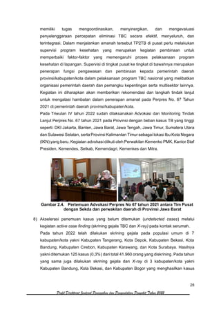 28
Profil Direktorat Jenderal Pencegahan dan Pengendalian Penyakit Tahun 2022
memiliki tugas mengoordinasikan, menyinergikan, dan mengevaluasi
penyelenggaraan percepatan eliminasi TBC secara efektif, menyeluruh, dan
terintegrasi. Dalam menjalankan amanah tersebut TP2TB di pusat perlu melakukan
supervisi program kesehatan yang merupakan kegiatan pembinaan untuk
memperbaiki faktor-faktor yang memengaruhi proses pelaksanaan program
kesehatan di lapangan. Supervisi di tingkat pusat ke tingkat di bawahnya merupakan
penerapan fungsi pengawasan dan pembinaan kepada pemerintah daerah
provinsi/kabupaten/kota dalam pelaksanaan program TBC nasional yang melibatkan
organisasi pemerintah daerah dan pemangku kepentingan serta multisektor lainnya.
Kegiatan ini diharapkan akan memberikan rekomendasi dan langkah tindak lanjut
untuk mengatasi hambatan dalam penerapan amanat pada Perpres No. 67 Tahun
2021 di pemerintah daerah provinsi/kabupaten/kota.
Pada Triwulan IV tahun 2022 sudah dilaksanakan Advokasi dan Monitoring Tindak
Lanjut Perpres No. 67 tahun 2021 pada Provinsi dengan beban kasus TB yang tinggi
seperti: DKI Jakarta, Banten, Jawa Barat, Jawa Tengah, Jawa Timur, Sumatera Utara
dan Sulawesi Selatan, serta Provinsi Kalimantan Timur sebagai lokasi Ibu Kota Negara
(IKN) yang baru. Kegiatan advokasi diikuti oleh Perwakilan Kemenko PMK, Kantor Staf
Presiden, Kemendes, Setkab, Kemendagri, Kemenkes dan Mitra.
Gambar 2.4. Pertemuan Advokasi Perpres No 67 tahun 2021 antara Tim Pusat
dengan Sekda dan perwakilan daerah di Provinsi Jawa Barat
8) Akselerasi penemuan kasus yang belum ditemukan (undetected cases) melalui
kegiatan active case finding (skrining gejala TBC dan X-ray) pada kontak serumah.
Pada tahun 2022 telah dilakukan skrining gejala pada populasi umum di 7
kabupaten/kota yakni Kabupaten Tangerang, Kota Depok, Kabupaten Bekasi, Kota
Bandung, Kabupaten Cirebon, Kabupaten Karawang, dan Kota Surabaya. Hasilnya
yakni ditemukan 125 kasus (0,3%) dari total 41.960 orang yang diskrining. Pada tahun
yang sama juga dilakukan skrining gejala dan X-ray di 3 kabupaten/kota yakni
Kabupaten Bandung, Kota Bekasi, dan Kabupaten Bogor yang menghasilkan kasus
 