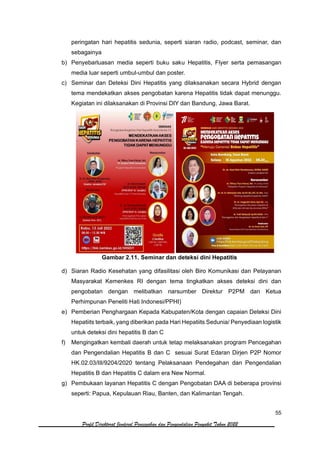 55
Profil Direktorat Jenderal Pencegahan dan Pengendalian Penyakit Tahun 2022
peringatan hari hepatitis sedunia, seperti siaran radio, podcast, seminar, dan
sebagainya
b) Penyebarluasan media seperti buku saku Hepatitis, Flyer serta pemasangan
media luar seperti umbul-umbul dan poster.
c) Seminar dan Deteksi Dini Hepatitis yang dilaksanakan secara Hybrid dengan
tema mendekatkan akses pengobatan karena Hepatitis tidak dapat menunggu.
Kegiatan ini dilaksanakan di Provinsi DIY dan Bandung, Jawa Barat.
Gambar 2.11. Seminar dan deteksi dini Hepatitis
d) Siaran Radio Kesehatan yang difasilitasi oleh Biro Komunikasi dan Pelayanan
Masyarakat Kemenkes RI dengan tema tingkatkan akses deteksi dini dan
pengobatan dengan melibatkan narsumber Direktur P2PM dan Ketua
Perhimpunan Peneliti Hati Indonesi/PPHI)
e) Pemberian Penghargaan Kepada Kabupaten/Kota dengan capaian Deteksi Dini
Hepatiits terbaik, yang diberikan pada Hari Hepatiits Sedunia/ Penyediaan logistik
untuk deteksi dini hepatitis B dan C
f) Mengingatkan kembali daerah untuk tetap melaksanakan program Pencegahan
dan Pengendalian Hepatitis B dan C sesuai Surat Edaran Dirjen P2P Nomor
HK.02.03/III/9204/2020 tentang Pelaksanaan Pendegahan dan Pengendalian
Hepatitis B dan Hepatitis C dalam era New Normal.
g) Pembukaan layanan Hepatitis C dengan Pengobatan DAA di beberapa provinsi
seperti: Papua, Kepulauan Riau, Banten, dan Kalimantan Tengah.
 