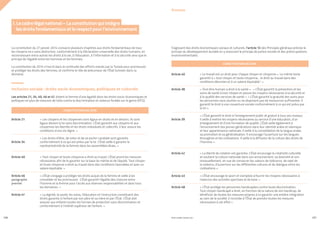 PROFIL GENRE TUNISIE | 2021
206 207
La constitution du 27 janvier 2014 consacre plusieurs chapitres aux droits fondamentaux de tous
les citoyens.ne.s sans distinction, conformément à la Déclaration universelle des droits humains, en
reconnaissant entre autres les droits à la vie, à l’éducation, à l’information et à la sécurité ainsi que le
principe de l’égalité entre les hommes et les femmes.
La constitution de 2014 s’inscrit dans la continuité des efforts menés par la Tunisie pour promouvoir
et protéger les droits des femmes, et confirme le rôle de précurseur de l’État tunisien dans ce
domaine.
Inclusion sociale : droits socio-économiques, politiques et culturels
Les articles 21, 34, 40, 46 et 47, dotent la femme d’une égalité dans les droits socio-économiques et
politiques en plus de mesures de lutte contre la discrimination et violence fondée sur le genre (VFG).
I. Le cadre légal national – La constitution qui intègre
les droits fondamentaux et le respect pour l’environnement
« Les citoyens et les citoyennes sont égaux en droits et en devoirs. Ils sont
égaux devant la loi sans discrimination. L’État garantit aux citoyens et aux
citoyennes les libertés et les droits individuels et collectifs. Il leur assure les
conditions d’une vie digne. »
« Les droits d’élire, de voter et de se porter candidat sont garantis
conformément à ce qui est prévu par la loi. L’État veille à garantir la
représentativité de la femme dans les assemblées élues. »
« L’État s’engage à protéger les droits acquis de la femme et veille à les
consolider et les promouvoir. L’État garantit l’égalité des chances entre
l’homme et la femme pour l’accès aux diverses responsabilités et dans tous
les domaines. »
« La dignité, la santé, les soins, l’éducation et l’instruction constituent des
droits garantis à l’enfant par son père et sa mère et par l’État. L’État doit
assurer aux enfants toutes les formes de protection sans discrimination et
conformément à l’intérêt supérieur de l’enfant. »
« Tout citoyen et toute citoyenne a droit au travail. L’État prend les mesures
nécessaires afin de le garantir sur la base du mérite et de l’équité. Tout citoyen
et toute citoyenne a droit au travail dans des conditions favorables et avec un
salaire équitable. »
Article 21
Article 34
Article 46
paragraphe
premier 
Article 47
Article 40
CONSTITUTION DE 2014
S’agissant des droits économiques sociaux et culturels, l’article 12 des Principes généraux précise le
principe du développement durable en y associant le principe de justice sociale et des préoccupations
environnementales.
« L’État protège les personnes handicapées contre toute discrimination.
Tout citoyen handicapé a droit, en fonction de la nature de son handicap, de
bénéficier de toutes les mesures propres à lui garantir une entière intégration
au sein de la société, il incombe à l’État de prendre toutes les mesures
nécessaires à cet effet ».
Article 48
« Le travail est un droit pour chaque citoyen et citoyenne ». Le même texte
garantit à « tout citoyen et toute citoyenne... le droit au travail dans des
conditions décentes et à un salaire équitable3 ».
« Tout être humain a droit à la santé ». « L’État garantit la prévention et les
soins de santé à tout citoyen et assure les moyens nécessaires à la sécurité et
à la qualité des services de santé ». « L’État garantit la gratuité des soins pour
les personnes sans soutien ou ne disposant pas de ressources suffisantes. Il
garantit le droit à une couverture sociale conformément à ce qui est prévu par
la loi ».
« La liberté de création est garantie. L’État encourage la créativité culturelle
et soutient la culture nationale dans son enracinement, sa diversité et son
renouvellement, en vue de consacrer les valeurs de tolérance, de rejet de
la violence, d’ouverture sur les différentes cultures et de dialogue entre les
civilisations ».
« L’État encourage le sport et s’emploie à fournir les moyens nécessaires à
l’exercice des activités sportives et de loisir ».
« L’État garantit le droit à l’enseignement public et gratuit à tous ses niveaux.
Il veille à mettre les moyens nécessaires au service d’une éducation, d’un
enseignement et d’une formation de qualité. L’État veille également à
l’enracinement des jeunes générations dans leur identité arabe et islamique
et leur appartenance nationale. Il veille à la consolidation de la langue arabe,
sa promotion et sa généralisation. Il encourage l’ouverture sur les langues
étrangères et les civilisations. Il veille à la diffusion de la culture des droits de
l’Homme ».
Article 40
Article 38
Article 42
Article 43
Article 39
CONSTITUTION DE 2014
Annexes
 