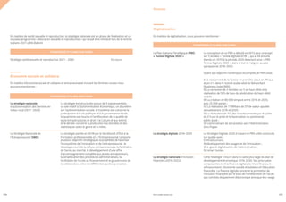 PROFIL GENRE TUNISIE | 2021
224 225
En matière de santé sexuelle et reproductive, la stratégie nationale est en phase de finalisation et un
nouveau programme « éducation sexuelle et reproductive » qui devait être introduit lors de la rentrée
scolaire 2021 a été élaboré.
Stratégie santé sexuelle et reproductive 2021 - 2030 En cours
Économie sociale et solidaire
En matière d’économie sociale et solidaire et entrepreunariat incluant les femmes rurales nous
pouvons mentionner :
Digitalisation
En matière de digitalisation, nous pouvons mentionner :
La stratégie est structurée autour de 5 axes essentiels :
un axe relatif à l’autonomisation économique, un deuxième
sur l’autonomisation sociale, le troisième axe concerne la
participation à la vie publique et à la gouvernance locale,
le quatrième axe touche à l’amélioration de la qualité de
la vie (infrastructures et droit à la Culture et aux loisirs)
et le dernier concerne la production des données et des
statistiques selon le genre et le milieu.
La stratégie portée en 2018 par le Secrétariat d’État à la
Formation professionnelle et à l’Entrepreneuriat comporte
plusieurs objectifs stratégiques susceptibles de favoriser
l’écosystème de l’innovation et de l’entrepreneuriat : le
développement de la culture entrepreneuriale, la facilitation
de l’accès au marché, le développement d’une offre
d’accompagnement complète aux jeunes entrepreneurs,
la simplification des procédures administratives, la
facilitation de l’accès au financement et la gouvernance de
la collaboration entre les différentes parties prenantes.
La conception de ce PNS a débuté en 2013 pour un projet
sur 5 années « Tunisie digitale 2018 », qui a été ensuite
étendu en 2015 à la période 2020 devenant ainsi « PNS
Tunisie Digitale 2020 », dans le but de l’aligner au plan
quinquennal 2016-2020.
Quant aux objectifs numériques escomptés, le PNS visait :
I) Le classement de la Tunisie en première place en Afrique,
et en n°4 dans le monde arabe selon le Networked
Readiness Index (NRI) ;
II) La connexion de 3 familles sur 5 en haut débit et la
réalisation de 50% de taux de pénétration du haut-débit
mobile ;
III) La création de 80 000 emplois entre 2016 et 2020,
puis 25 000 par an ;
IV) La réalisation de 11 Milliard de DT de valeur ajoutée
annuelle entre 2016 et 2020 ;
V) La réalisation de 1/3 des investissements par le public
et 2/3 par le privé et la favorisation du partenariat
public-privé ;
VI) L’amorcement de la transition vers l’Administration
Zéro Papier.
La Stratégie Digitale 2020 à travers le PNS a été construite
sur quatre axes :
I) infrastructure ;
II) développement des usages et de l’innovation ;
III) e-gov et digitalisation de l’administration ;
IV) smart tunisia.
Cette Stratégie s’inscrit dans le cadre plus large du plan de
développement économique 2016-2020. Ses principales
composantes sont la finance digitale, la micro finance, le
refinancement, l’économie sociale et solidaire et l’éducation
financière. La finance digitale concerne la promotion de
l’inclusion financière par le biais de l’amélioration de l’accès
aux comptes de paiement électronique ainsi que leur usage.
La stratégie nationale
d’autonomisation des femmes en
milieu rural (2017 -2020)
La Stratégie Nationale de
l’Entrepreneuriat (SNEt)
Le Plan National Stratégique (PNS)
« Tunisie Digitale 2020 »
La stratégie digitale 2016-2020
La stratégie nationale d’inclusion
financière (2018-2022)
Annexes
STRATÉGIES ET PLANS D’ACTIONS
STRATÉGIES ET PLANS D’ACTIONS
STRATÉGIES ET PLANS D’ACTIONS
 