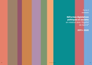 PROFIL GENRE TUNISIE | 2021
242 243
Réformes législatives
politiques et sociales
en relation avec l’égalité
de Genre*
2011 > 2020
Partie 5
 