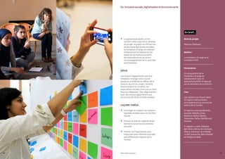 PROFIL GENRE TUNISIE | 2021
86 87
•	 Le partenariat public-privé-
société civile a permis la réussite
du projet : le public en offrant les
locaux dans des zones reculées,
la fondation Orange en mettant
à disposition le matériel et les
bases de formations et enfin
les associations en assurant
l’accompagnement et le suivi des
participantes.
DÉFIS
Les locaux n’appartenant pas à la
fondation Orange, cela a causé
quelques problèmes au début de la
mise en œuvre du projet. Certains
locaux étaient en location, les
associations locales n’ont pas pu faire
face aux dépenses. Des négociations
pour des locaux appartenant aux
structures de l’État ont été menées.
LEÇONS TIRÉES
•	 Envisager la création de maisons
digitales mobiles pour en faciliter
l’accès.
•	 Prévoir le prêt du matériel étant
donné la conjoncture sanitaire
actuelle.
•	 Prévoir un financement plus
important pour étendre le projet
aux différentes régions de la
Tunisie.
04.Inclusionsociale,digitalisationetéconomieverte
Nom du projet
Maisons Digitales
Bailleur 
La fondation Orange et le
ministère FFES
Partenaires
Un programme de la
Fondation Orange en
collaboration avec 13
associations/ONG et appuyé
par le ministère de la Femme
Lieu
Les maisons se situent dans
22 régions défavorisées
principalement au nord et au
centre de la Tunisie :
11 régions urbaines (Bizerte,
Akouda, Mahdia, Zriba,
Nadhour, Nafta, Djerba,
Tataouine, Gafsa, Sidi Bouzid,
Sousse)
11 régions rurales (Takelsa,
Ben Bchir, Nefza, Ain Drahem,
Siliana, Kairouan, Grombalia,
Le Kef, Kasserine, Béni Khalled
et Medjez el-Bab)
En bref...
+
+
+
+
 