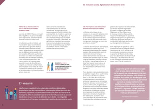 PROFIL GENRE TUNISIE | 2021
98 99
04. Inclusion sociale, digitalisation et économie verte
IMPACT DE LA CRISE DU COVID-19
SUR LA PRÉCARITÉ DES FEMMES
DU MILIEU RURAL
La crise du COVID-19 a eu un impact
très négatif sur les personnes déjà
dans la précarité, autrement dit les
femmes vivant en milieu rural.
Une étude à paraître, réalisée par
l’association Appui aux initiatives
dans le secteur agricoles (AISA), a
montré que les mesures de lutte
contre la pandémie et les restrictions
sur les déplacements avaient créé
de nouvelles difficultés aux femmes
en milieu rural. Elles ont continué à
travailler dans les mêmes conditions,
c’est-à-dire entassées dans des
camionnettes de transport sans
aucune mesure de sécurité, sans
respect du protocole sanitaire dans
les transports ni sur le lieu de travail.
Le port de la bavette ou du masque
et la distanciation n’y étaient presque
jamais observés.
Selon certaines travailleuses
interviewées dans le cadre de
cette étude, les hommes ont eu
beaucoup plus de facilité à obtenir des
autorisations de circulation auprès de
l’Union Tunisienne de l’Agriculture et
de la Pêche (UTAP) puisqu’ils étaient
en général motorisés. Cependant, les
agricultrices travaillant par exemple
à la commercialisation des produits
de terroir avaient beaucoup souffert
et souffrent encore d’une baisse
dramatique de leurs ventes.
UNE POLITIQUE DE L’EAU AVEUGLE AUX
BESOINS SPÉCIFIQUES DES FEMMES
La Tunisie est un pays où les
ressources en eau sont rares et, selon
les prévisions, la problématique de
la sécurité de l’approvisionnement
en eau devrait être exacerbée par le
changement climatique au cours des
prochaines années173.
La baisse des ressources hydrauliques,
notamment au centre et au sud,
largement dépendantes des nappes,
souvent déjà surexploitées pourrait
nettement diminuer l’emploi
salarié des hommes mais aussi de
nombreuses femmes vivant en milieu
rural qui travaillent dans les cultures
de fruitiers, maraichage, oliviers, et
donc fera baisser leurs revenus et
affecterait négativement l’accès à
une alimentation suffisante et de
qualité174.
Pour répondre à la surexploitation de la
plupart des nappes d’eau souterraines,
le nouveau Code des Eaux (2017)
basé sur le Codes de Eaux de 1975
a intégré plusieurs mesures pour
améliorer la gouvernance et maitriser
la gestion des eaux souterraines175. Il
a prévu, entre autres, de généraliser
la demande d’autorisation de création
de points d’eau pour toutes les nappes
profondes et phréatiques, un suivi
plus rigoureux des prélèvements à
travers les compteurs et paiement
des redevances, la création d’un
corps spécifique de la police des eaux,
l’implication des utilisateurs dans la
gestion des nappes et le renforcement
du rôle des autorités régionales
à travers la création de Comités
Régionaux de l’Eau. Néanmoins,
le nouveau Code des Eaux a perdu
l’opportunité d’intégrer les questions
de genre et proposer une gestion plus
inclusive et qui puisse diminuer la
vulnérabilité spécifique des femmes
aux changements climatiques.
Il est important de signaler ici que la
question de l’eau est intégrée dans la
constitution de 2014, l’article 44 de
la constitution tunisienne concerne
la garantie de l’État du droit à l’eau
pour tous les citoyens et citoyennes, il
stipule que « la préservation de l’eau
et son utilisation rationnelle sont un
devoir pour l’État et la société ».
En résumé
Les femmes travaillent la terre dans des conditions déplorables
(exploitation par des intermédiaires, salaires plus faibles que ceux des
hommes, exposition aux pesticides et insécurité dans leur travail et le
transport) ; elles ne possèdent pas la terre et n’ont pas accès au pouvoir
de décision ni aux moyens de défendre leurs droits. Ces inégalités
représentent un frein pour une possible transition à une économie verte.
« L’approche genre est bien encouragée
dans la base, dans le bénévolat, etc.,
car ils savent que nous pouvons très bien
compter sur les femmes pour réussir un
système. Par contre, les stéréotypes sont
fortement présents au niveau du personnel
surtout au niveau institutionnel.
Les femmes doivent rester au bureau,
ce n’est pas évident qu’elles aillent sur
le terrain. L’argument cité est toujours :
qui s’occupe de ses enfants quand elle
n’est pas à la maison ! »
Représentante ministère
SEULES 19,3 % DES
FEMMES RURALES ONT
LEURS PROPRES SOURCES
DE REVENUS, CONTRE
60% DES HOMMES
 