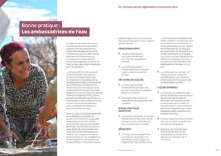 PROFIL GENRE TUNISIE | 2021
104 105
04. Inclusion sociale, digitalisation et économie verte
PRÉSENTATION
En dépit du rôle important que les
femmes tunisiennes jouent dans
la gestion de l’eau aussi bien au
niveau des ménages qu’à celui de
l’exploitation agricole, elles restent
absentes et invisibles dans les
processus de prise de décision
concernant la gestion collective de
l’eau, et leurs voix restent inaudibles
pour les décideurs.
La Gesellschaft für Internationale
Zusammenarbeit (GIZ) agissant
au nom du ministère fédéral de
la Coopération économique et du
développement (BMZ) en partenariat
avec le Ministère de l’Agriculture,
des Ressources Hydrauliques et de
la Pêche (MARHP) via le Programme
régional pour la promotion du rôle des
femmes au Maghreb (PFM), a lancé
l’initiative Ambassadrices de l’eau en
Tunisie dans la région pilote du bassin
versant du barrage de Nebhana,
dans la délégation de Sbikha du
gouvernorat de Kairouan.
Dans ce cadre, 20 femmes bénévoles
de la délégation de Sbikha, du
gouvernorat de Kairouan, appelées
ambassadrices de l’eau, ont été
sélectionnées suite à une enquête
de terrain. Ces femmes ont suivi un
programme de renforcement des
capacités sur des thématiques en
relation avec la gestion de l’eau et
des formations sur les compétences
de développement personnel pour
ensuite diffuser l’information autour
d’elles et agir en tant qu’actrices du
changement en faveur d’une meilleure
gestion de l’eau.
PRINCIPAUX DÉFIS
•	 L’absence des femmes
aux postes de décision,
leur rôle est marginalisé et
invisible.
•	 Le conflit agriculteurs –
trices/institutions publiques
responsables de la gestion
de l’eau.
FACTEURS DE SUCCÈS
•	 Le choix opportun des
ambassadrices de l’eau : des
femmes dynamiques, engagées,
leaders et tenaces.
•	 Un programme innovant et
diversifié de développement des
capacités.
BONNE PRATIQUE
IDENTIFIÉE
•	 Les femmes de Sbikha : de simples
utilisatrices de l’eau à actrices de
changement de comportement
pour la préservation de l’eau.
RÉSULTATS
•	 Un forum de l’eau (plateforme
virtuelle de concertation et
de dialogue entre usagers et
usagères de l’eau, société civile
et administration publique) a été
initié à Sbikha. Il convient de noter
qu’au départ, aucune femme ne
faisait partie de ce forum. Depuis,
les ambassadrices de l’eau ont
pu y participer activement. Grâce
à cette plateforme de dialogue,
une Charte de l’eau, signée par les
différentes parties prenantes, y
compris une représentante des
ambassadrices de l’eau, a vu le
jour.
•	 Les ambassadrices de l’eau ont
réalisé plusieurs actions de
sensibilisation à une meilleure
préservation de l’eau auprès des
écoliers de leur localité.
LEÇONS APPRISES
•	 Les femmes sont absentes des
postes de décision dans le secteur
de l’eau non pas à cause de
difficultés intrinsèques qu’elles
portent mais parce qu’elles se
trouvent dans un environnement
patriarcal, inégalitaire, qui ne leur
laisse pas l’opportunité de faire
entendre leur voix.
•	 Lorsque l’opportunité se présente,
elles peuvent être de véritables
actrices du changement.
•	 Appuyons les femmes dans
la prise de décision et pas
uniquement au niveau de la
gestion et l’utilisation de la
ressource.
Bonne pratique :
Les ambassadrices de l’eau
+
+
+
+
+
+
+
+
+
+
 