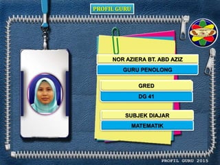 PROFIL GURU
NOR AZIERA BT. ABD AZIZ
GURU PENOLONG
DG 41
MATEMATIK
GRED
SUBJEK DIAJAR
 