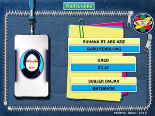 PROFIL GURU
SUHANA BT. ABD AZIZ
GURU PENOLONG
DG 41
MATEMATIK
GRED
SUBJEK DIAJAR
 