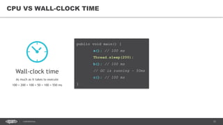 12CONFIDENTIAL
Wall-clock time
As much as it takes to execute
100 + 200 + 100 + 50 + 100 = 550 ms
public void main() {
a(); // 100 ms
Thread.sleep(200);
b(); // 100 ms
// GC is running – 50ms
c(); // 100 ms
}
CPU VS WALL-CLOCK TIME
 