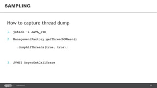 24CONFIDENTIAL
How to capture thread dump
1. jstack -l JAVA_PID
2. ManagementFactory.getThreadMXBean()
.dumpAllThreads(true, true);
3. JVMTI AsyncGetCallTrace
SAMPLING
 
