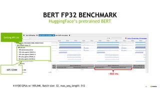 28
BERT FP32 BENCHMARK
HuggingFace’s pretrained BERT
Getting API List
~460 ms
~60% GEMM
4 V100 GPUs w/ NVLINK, Batch size: 32, max_seq_length: 512
 