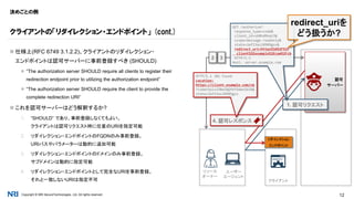 Copyright © NRI SecureTechnologies, Ltd. All rights reserved. 12
決めごとの例
 仕様上(RFC 6749 3.1.2.2)、クライアントのリダイレクション・
エンドポイントは認可サーバーに事前登録すべき (SHOULD)
 “The authorization server SHOULD require all clients to register their
redirection endpoint prior to utilizing the authorization endpoint”
 “The authorization server SHOULD require the client to provide the
complete redirection URI”
 これを認可サーバーはどう解釈するか?
1. “SHOULD” であり、事前登録しなくてもよい。
クライアントは認可リクエスト時に任意のURIを指定可能
2. リダイレクション・エンドポイントのFQDNのみ事前登録。
URIパスやパラメーターは動的に追加可能
3. リダイレクション・エンドポイントのドメインのみ事前登録。
サブドメインは動的に指定可能
4. リダイレクション・エンドポイントとして完全なURIを事前登録。
それと一致しないURIは指定不可
クライアントの「リダイレクション・エンドポイント」 (cont.)
リソース
オーナー
認可
サーバー
クライアント
WEBSITE
ユーザー
エージェント
1. 認可リクエスト
4. 認可レスポンス
リダイレクション
エンドポイント
32
GET /authorize?
response_type=code&
client_id=s6BhdRkqt3&
scope=message.readonly&
state=3af23asl0989gnv&
redirect_uri=https%3A%2F%2F
client%2Eexample%2Ecom%2Fcb
HTTP/1.1
Host: server.example.com
HTTP/1.1 302 Found
Location:
https://client.example.com/cb
?code=SplxlOBeZQQYbYS6WxSbIA&
state=3af23asl0989gnv
redirect_uriを
どう扱うか?
 