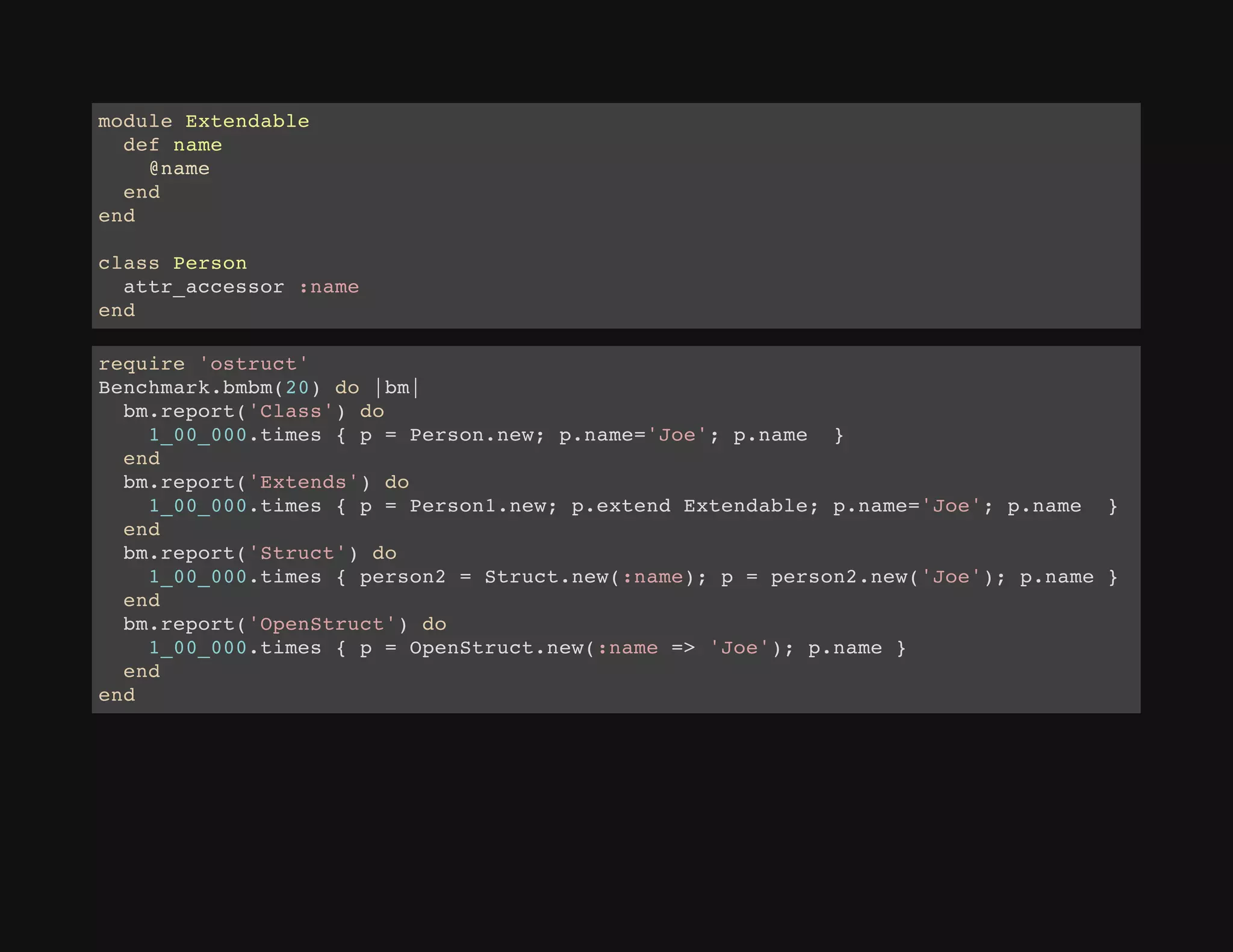 module Extendable
def name
@name
end
end
class Person
attr_accessor :name
end
require 'ostruct'
Benchmark.bmbm(20) do |bm|
bm.report('Class') do
1_00_000.times { p = Person.new; p.name='Joe'; p.name }
end
bm.report('Extends') do
1_00_000.times { p = Person1.new; p.extend Extendable; p.name='Joe'; p.name }
end
bm.report('Struct') do
1_00_000.times { person2 = Struct.new(:name); p = person2.new('Joe'); p.name }
end
bm.report('OpenStruct') do
1_00_000.times { p = OpenStruct.new(:name => 'Joe'); p.name }
end
end
 