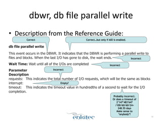 dbwr, 
db 
file 
parallel 
write 
• Descrip;on 
from 
the 
Reference 
Guide: 
! 
db file parallel write 
This event occurs in the DBWR. It indicates that the DBWR is performing a parallel write to 
files and blocks. When the last I/O has gone to disk, the wait ends. 
Wait Time: Wait until all of the I/Os are completed 
Parameter 
Description 
requests: This indicates the total number of I/O requests, which will be the same as blocks 
interrupt: 
timeout: This indicates the timeout value in hundredths of a second to wait for the I/O 
completion. 
58 
Correct Correct…but only if AIO is enabled. 
Incorrect 
Incorrect 
Incorrect 
Empty? 
Probably incorrect. 
Or does a timeout of 
2’147’483’647 
/100/60/60/24= 
248.55 days 
Make sense to 
*anybody*? 
 