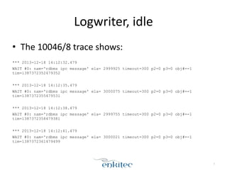 Logwriter, 
idle 
• The 
10046/8 
trace 
shows: 
! 
*** 2013-12-18 14:12:32.479 
WAIT #0: nam='rdbms ipc message' ela= 2999925 timeout=300 p2=0 p3=0 obj#=-1 
tim=1387372352479352 
! 
*** 2013-12-18 14:12:35.479 
WAIT #0: nam='rdbms ipc message' ela= 3000075 timeout=300 p2=0 p3=0 obj#=-1 
tim=1387372355479531 
! 
*** 2013-12-18 14:12:38.479 
WAIT #0: nam='rdbms ipc message' ela= 2999755 timeout=300 p2=0 p3=0 obj#=-1 
tim=1387372358479381 
! 
*** 2013-12-18 14:12:41.479 
WAIT #0: nam='rdbms ipc message' ela= 3000021 timeout=300 p2=0 p3=0 obj#=-1 
tim=1387372361479499 
7 
 