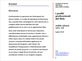 Risultati                                                  Gruppo di lavoro
                                                           IWA Italy
                                                           Web Skills Proﬁles

Macroaree
                                                           I proﬁli
Confrontando le esperienze dei Partecipanti nei            professionali
diversi ambiti, si è scelto di individuare le Macroaree    del Web
che, a grandi linee, contengono le varie attività che si
svolgono dalla nascita dell'idea ﬁno alla
                                                           stable release
pubblicazione di un sito o di un applicazione Web.
                                                           vers. 1.0
Sono state individuate le attività più importanti,
                                                           luglio 2010
considerandone alcune di cerniera o border-line e
difficilmente etichettabili come appartenenti all'una o
l'altra macro area. Si è notato inoltre che alcune
variano a seconda dell'ambito applicativo, la
dimensione del progetto e altri fattori. Per
sempliﬁcare l'integrazione e l'identiﬁcazione delle
attività nei propri processi, si è scelto di non basarsi
                                                           info:
su un unico e rigido ﬂusso di attività e di non
                                                           http://skillproﬁles.eu
considerare l'ordine in cui vengono eseguite.              info@skillproﬁles.eu

                                                           10
 