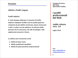 Risultati                                                 Gruppo di lavoro
                                                          IWA Italy
                                                          Web Skills Proﬁles

Abilità e Proﬁli (segue)
                                                          I proﬁli
Proﬁli Adattivi
                                                          professionali
                                                          del Web
E' stato dunque elaborato il concetto di Proﬁlo
Adattivo (Adaptive Proﬁle) cioè un proﬁlo generico
composto da più abilità strutturate, alcune necessarie    stable release
e altre a scelta, così da adattarsi sia all'estro della
                                                          vers. 1.0
persona che lo costruisce, che alle tecnologie e alle
                                                          luglio 2010
applicazioni presenti e future.



Le abilità sono strutturate come:


 •
 Abilità di base (core)

 •
 Abilità qualiﬁcanti (qualiﬁer)

 •
 Abilità di potenziamento (improvement)
                                                          info:
                                                          http://skillproﬁles.eu
                                                          info@skillproﬁles.eu

                                                          15
 