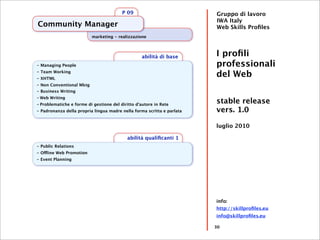P 09                           Gruppo di lavoro
                                                                        IWA Italy
Community Manager                                                       Web Skills Proﬁles
                          marketing - realizzazione



                                                   abilità di base      I proﬁli
- Managing People                                                       professionali
- Team Working
- XHTML
                                                                        del Web
- Non Conventional Mktg
- Business Writing
- Web Writing
- Problematiche e forme di gestione del diritto d'autore in Rete
                                                                        stable release
- Padronanza della propria lingua madre nella forma scritta e parlata   vers. 1.0

                                                                        luglio 2010

                                           abilità qualiﬁcanti 1
- Public Relations
- Offline Web Promotion
- Event Planning




                                                                        info:
                                                                        http://skillproﬁles.eu
                                                                        info@skillproﬁles.eu

                                                                        30
 