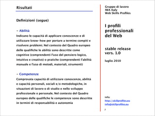 Risultati                                                  Gruppo di lavoro
                                                           IWA Italy
                                                           Web Skills Proﬁles

Deﬁnizioni (segue)
                                                           I proﬁli
- Abilità                                                  professionali
Indicano le capacità di applicare conoscenze e di          del Web
utilizzare know-how per portare a termine compiti e
risolvere problemi. Nel contesto del Quadro europeo
delle qualiﬁche le abilità sono descritte come             stable release
cognitive (comprendenti l'uso del pensiero logico,
                                                           vers. 1.0
intuitivo e creativo) o pratiche (comprendenti l'abilità   luglio 2010
manuale e l'uso di metodi, materiali, strumenti)


- Competenze
Comprovata capacità di utilizzare conoscenze, abilità
e capacità personali, sociali e/o metodologiche, in
situazioni di lavoro o di studio e nello sviluppo
professionale e personale. Nel contesto del Quadro
                                                           info:
europeo delle qualiﬁche le competenze sono descritte
                                                           http://skillproﬁles.eu
in termini di responsabilità e autonomia                   info@skillproﬁles.eu

                                                           7
 