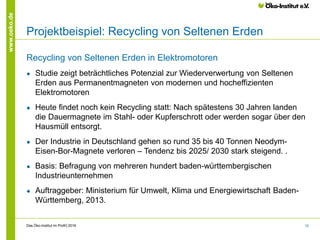 10
www.oeko.de
Projektbeispiel: Recycling von Seltenen Erden
Recycling von Seltenen Erden in Elektromotoren
● Studie zeigt beträchtliches Potenzial zur Wiederverwertung von Seltenen
Erden aus Permanentmagneten von modernen und hocheffizienten
Elektromotoren
● Heute findet noch kein Recycling statt: Nach spätestens 30 Jahren landen
die Dauermagnete im Stahl- oder Kupferschrott oder werden sogar über den
Hausmüll entsorgt.
● Der Industrie in Deutschland gehen so rund 35 bis 40 Tonnen Neodym-
Eisen-Bor-Magnete verloren – Tendenz bis 2025/ 2030 stark steigend. .
● Basis: Befragung von mehreren hundert baden-württembergischen
Industrieunternehmen
● Auftraggeber: Ministerium für Umwelt, Klima und Energiewirtschaft Baden-
Württemberg, 2013.
Das Öko-Institut im Profil│2016
 