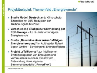 8
www.oeko.de
Projektbeispiel: Themenfeld „Energiewende“
● Studie Modell Deutschland: Klimaschutz-
Szenarien mit 95% Reduktion der
Treibhausgase bis 2050
● Verschiedene Studien zur Entwicklung der
EEG-Umlage – EEG-Rechner für Agora
Energiewende
● Studie „Bausteine einer zukunftsfähigen
Energieversorgung“ im Auftrag der Robert
Bosch GmbH – Schwerpunkt Energieeffizienz
● Projekt „eTelligence“ zur intelligenten
Systemintegration von Erzeugern und
Verbrauchern in einem „Smart Grid“,
Entwicklung eines eigenen
Strommarktmodells („PowerFlex“)
Das Öko-Institut im Profil│2016
 