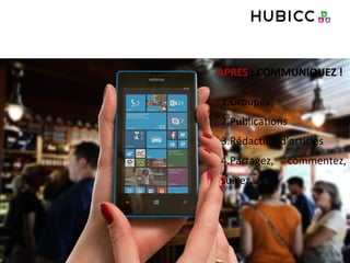 APRES : COMMUNIQUEZ !
1.Groupes
2.Publications
3.Rédaction d’articles
4.Partagez, commentez,
suivez…
 