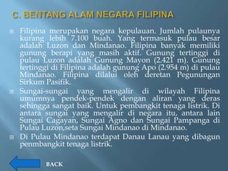    Filipina merupakan negara kepulauan. Jumlah pulaunya
    kurang lebih 7.100 buah. Yang termasuk pulau besar
    adalah Luzon dan Mindanao. Filipina banyak memiliki
    gunung berapi yang masih aktif. Gunung tertinggi di
    pulau Luzon adalah Gunung Mayon (2.421 m). Gunung
    tertinggi di Filipina adalah gunung Apo (2.954 m) di pulau
    Mindanao. Filipina dilalui oleh deretan Pegunungan
    Sirkum Pasifik.
   Sungai-sungai yang mengalir di wilayah Filipina
    umumnya pendek-pendek dengan aliran yang deras
    sehingga sangat baik. Untuk pembangkit tenaga listrik. Di
    antara sungai yang mengalir di negara itu, antara lain
    Sungai Cagayan, Sungai Agno dan Sungai Pampanga di
    Pulau Luzon,seta Sungai Mindanao di Mindanao.
   Di Pulau Mindanao terdapat Danau Lanau yang dibagun
    penmbangkit tenaga listrik.

           BACK
 