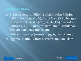 2. SUKU BANGSA

   Suku terbesar di Filipina adalah suku Filipino
    (80%). Tionghoa (10%), Indo-Arya (5%), bangsa
    Eropa dan Amerika (2%), Arab (1%) dan suku
    lainnya (2%). Suku Moro berdiam di Mindanao
    Selatan dan beragama Islam.
   Bahasa : Tagalog (resmi), Inggris, dan Spanyol
   Agama : Katholik Roma, Protestan, dan Islam




        BACK                        NEXT
 