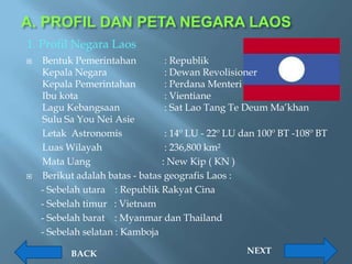 A. PROFIL DAN PETA NEGARA LAOS
1. Profil Negara Laos
   Bentuk Pemerintahan          : Republik
    Kepala Negara                : Dewan Revolisioner
    Kepala Pemerintahan          : Perdana Menteri
    Ibu kota                     : Vientiane
    Lagu Kebangsaan              : Sat Lao Tang Te Deum Ma’khan
    Sulu Sa You Nei Asie
    Letak Astronomis             : 14º LU - 22º LU dan 100º BT -108º BT
    Luas Wilayah                 : 236,800 km²
    Mata Uang                   : New Kip ( KN )
   Berikut adalah batas - batas geografis Laos :
    - Sebelah utara : Republik Rakyat Cina
    - Sebelah timur : Vietnam
    - Sebelah barat : Myanmar dan Thailand
    - Sebelah selatan : Kamboja

           BACK                                     NEXT
 