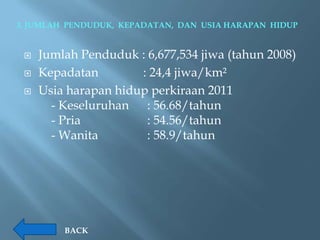 3. JUMLAH PENDUDUK, KEPADATAN, DAN USIA HARAPAN HIDUP


    Jumlah Penduduk : 6,677,534 jiwa (tahun 2008)
    Kepadatan        : 24,4 jiwa/km²
    Usia harapan hidup perkiraan 2011
       - Keseluruhan : 56.68/tahun
       - Pria          : 54.56/tahun
       - Wanita        : 58.9/tahun




         BACK
 