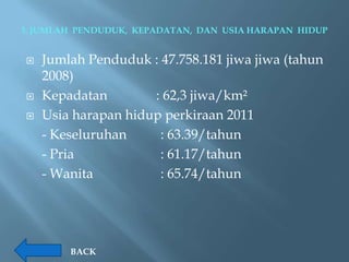 3. JUMLAH PENDUDUK, KEPADATAN, DAN USIA HARAPAN HIDUP


   Jumlah Penduduk : 47.758.181 jiwa jiwa (tahun
    2008)
   Kepadatan        : 62,3 jiwa/km²
   Usia harapan hidup perkiraan 2011
    - Keseluruhan     : 63.39/tahun
    - Pria            : 61.17/tahun
    - Wanita          : 65.74/tahun




        BACK
 