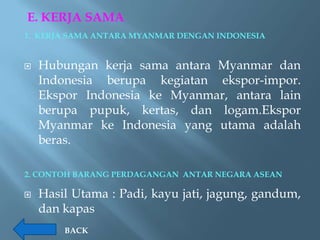 E. KERJA SAMA
1. KERJA SAMA ANTARA MYANMAR DENGAN INDONESIA


   Hubungan kerja sama antara Myanmar dan
    Indonesia berupa kegiatan ekspor-impor.
    Ekspor Indonesia ke Myanmar, antara lain
    berupa pupuk, kertas, dan logam.Ekspor
    Myanmar ke Indonesia yang utama adalah
    beras.

2. CONTOH BARANG PERDAGANGAN ANTAR NEGARA ASEAN

   Hasil Utama : Padi, kayu jati, jagung, gandum,
    dan kapas
        BACK
 