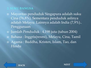 2. SUKU BANGSA
   Mayoritas penduduk Singapura adalah suku
    Cina (76,8%). Sementara penduduk aslinya
    adalah Melayu. Lainnya adalah India (7,9%)..
    Penggunaan
   Jumlah Penduduk : 4,198 juta (tahun 2004)
   Bahasa : Inggris(resmi), Melayu, Cina, Tamil
   Agama : Buddha, Kristen, Islam, Tao, dan
    Hindu




        BACK                        NEXT
 