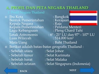 A. PROFIL DAN PETA NEGARA THAILAND
    1. Profil Negara Thailand
   Ibu Kota                     : Bangkok
    Bentuk Pemerintahan          : Kerajaan
    Kepala Negara                : Raja
    Kepala Pemerintahan          : Perdana Menteri
    Lagu Kebangsaan              : Pleng Chard Tahi
    Letak Astronomis         : 6º - 21º LU dan 97º - 107º LU
    Luas Wilayah                 : 514.000 km²
    Mata Uang                    : Baht Thailand
   Berikut adalah batas-batas geografis Thailand :
    - Sebelah utara       : Selat Johor
    - Sebelah timur       : Selat Karimata
    - Sebelah barat       : Selat Malaka
    - Sebelah selatan     : Selat Singapura (Indonesia)
            BACK                           NEXT
 