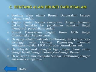    Bentang alam utama Brunei Darussalam berupa
    dataran rendah.
   Bagian pantai berupa rawa-rawa dengan tanaman
    bakau. Semakin ke pedalaman semakin tinggi
    membntuk perbukitan rendah.
   Brunei Darussalam bagian timur lebih tinggi
    dibandingkan bagian barat.
   Di ujung selatan wilayah Temburong terdapat puncak
    tertinggi yaitu Gunung Pagonyang memiliki
    ketinggian sekitar 1.850 m di atas permukaan laut.
   Di wilayah barat mengalir tiga sungai utama yaitu,
    Sungai belait, Sungai Tutong dan Sungai Brunei.
   Di wilayah timur mengalir Sungai Temburong dengan
    anak-anak sungainya.


        BACK
 