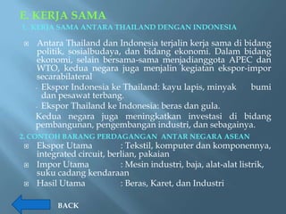 E. KERJA SAMA
1. KERJA SAMA ANTARA THAILAND DENGAN INDONESIA

    Antara Thailand dan Indonesia terjalin kerja sama di bidang
     politik, sosialbudaya, dan bidang ekonomi. Dalam bidang
     ekonomi, selain bersama-sama menjadianggota APEC dan
     WTO, kedua negara juga menjalin kegiatan ekspor-impor
     secarabilateral
    - Ekspor Indonesia ke Thailand: kayu lapis, minyak      bumi
      dan pesawat terbang.
    - Ekspor Thailand ke Indonesia: beras dan gula.
    Kedua negara juga meningkatkan investasi di bidang
    pembangunan, pengembangan industri, dan sebagainya.
2. CONTOH BARANG PERDAGANGAN ANTAR NEGARA ASEAN
   Ekspor Utama           : Tekstil, komputer dan komponennya,
    integrated circuit, berlian, pakaian
   Impor Utama            : Mesin industri, baja, alat-alat listrik,
    suku cadang kendaraan
   Hasil Utama            : Beras, Karet, dan Industri

         BACK
 