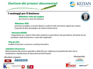 Gesti one dei processi documental i


     I vantaggi per il business:
                    Riduzione costo per pagina
                    da circa 8 € a circa 20 centesimi

                Riduzione TCO
               soluzione completa, a servizio (Saas) e conforme alle normative vigenti per evitare
               l’acquisto di altre tecnologie e di costose infrastrutture

          Interoperabilità
         integrazione con i sistemi informativi esistenti e automatismi che permettono all’utente di non
        cambiare modo di lavorare o usare altri applicativi

     Pay per Use
     modello di business a consumo e pricing innovativo

   Soluzione di processo
  Ottimizzazione dei processi aziendali e della PA, per migliorare la produttività oltre che la
  condivisione e distribuzione di documenti ed informazioni
Risultati vincenti…                                                                       Partnership


Le soluzioni
 