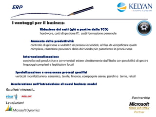 ERP

    I vantaggi per il business:
                        Riduzione dei costi (già a partire dalla TCO)
                        hardware, costi di gestione IT, costi formazione personale

                 Aumento della produttività
                 controllo di gestione e visibilità ai processi aziendali, al fine di semplificare quelli
                 complessi, realizzare previsioni della domanda per pianificare la produzione

           Internazionalizzazione
           controllo sedi produttive e commerciali estere direttamente dall’Italia con possibilità di gestire
           linguaggi complessi e legislazioni locali

      Specializzazione e conoscenza processi specifici
      verticali manifatturiero, ceramico, tessile, finance, compagnie aeree, parchi a tema, retail

   Accelerazione nell’introduzione di nuovi business model
Risultati vincenti…

                                                                                                    Partnership
Le soluzioni
 
