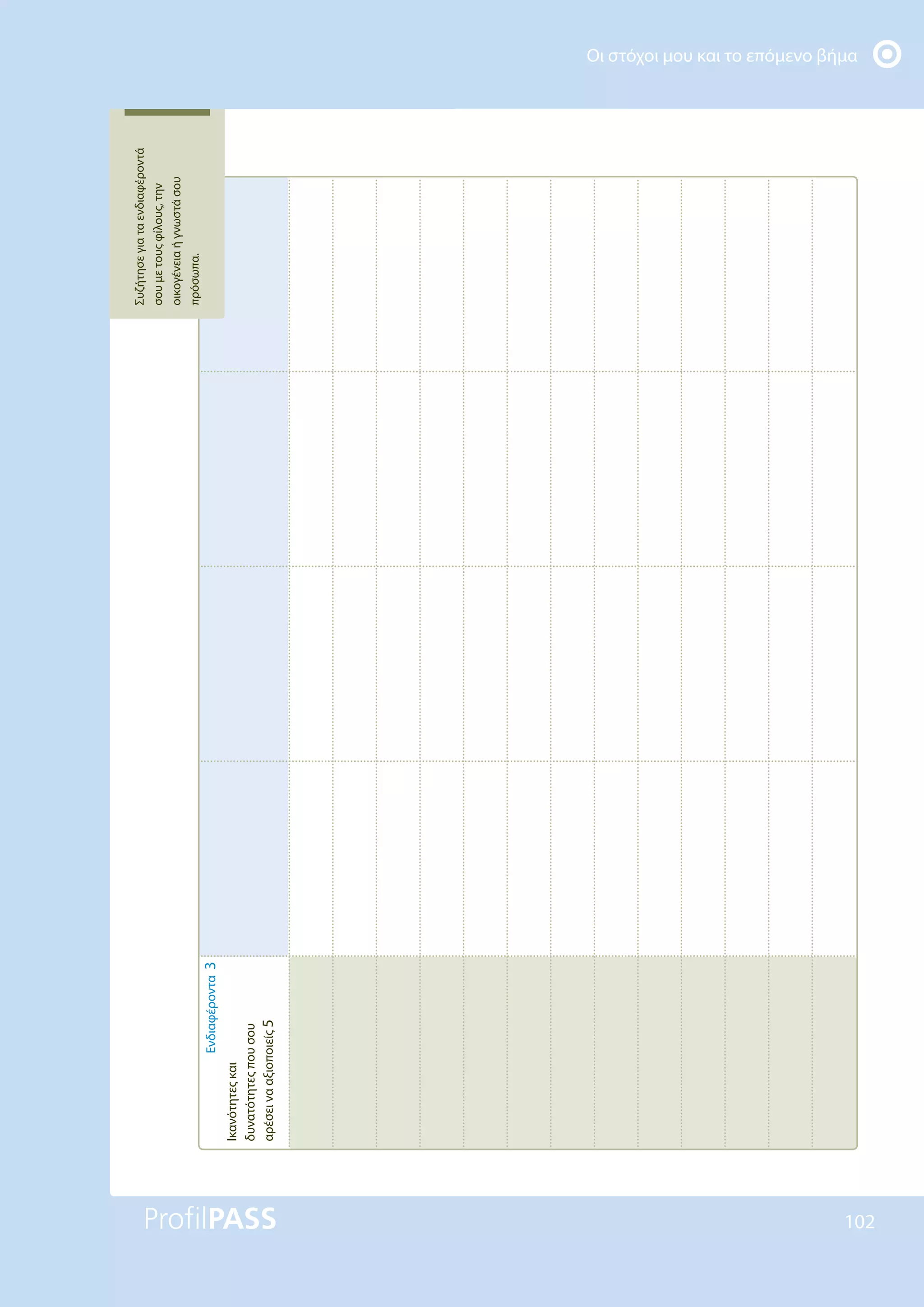 Οι στόχοι μου και το επόμενο βήμα
102
Ικανότητες
και
δυνατότητες
που
σου
αρέσει
να
αξιοποιείς
5
Ενδιαφέροντα
3
Συζήτησε
για
τα
ενδιαφέροντά
σου
με
τους
φίλους,
την
οικογένεια
ή
γνωστά
σου
πρόσωπα.
 