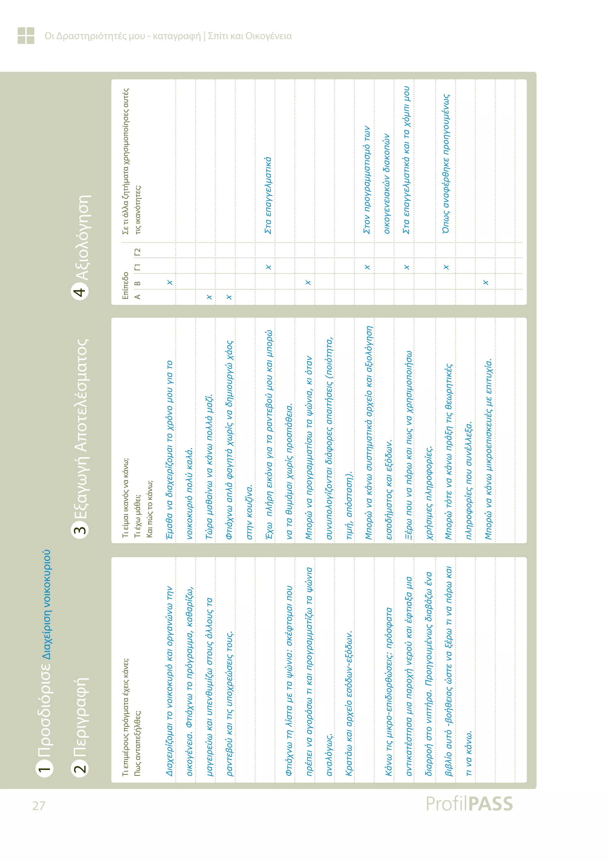 27
Οι Δραστηριότητές μου - καταγραφή | Σπίτι και Οικογένεια
Τι
επιμέρους
πράγματα
έχεις
κάνει;
Πως
ανταπεξήλθες;
Τι
είμαι
ικανός
να
κάνω;
Τι
έχω
μάθει;
Και
πώς
το
κάνω;
Επίπεδο
A
B
Γ1
Γ2
Σε
τι
άλλα
ζητήματα
χρησιμοποίησες
αυτές
τις
ικανότητες;
ƩǈĮǒİǈǏǁǅǎǋĮǈĲǎǌǎǈǉǎǉǑǏǈǗǉĮǈǎǏǄĮǌǙǌǔĲǆǌ
ǎǈǉǎǄƿǌİǈĮĭĲǈƾǒǌǔĲǎȺǏǗǄǏĮǋǋĮǉĮǇĮǏǁǅǔ
ǋĮǄİǈǏİǘǔǉĮǈǑȺİǌǇǑǋǁǅǔıĲǎǑǐƾǊǊǎǑǐĲĮ
ǏĮǌĲİǃǎǘǉĮǈĲǈǐǑȺǎǒǏİǙıİǈǐĲǎǑǐ
ĭĲǈƾǒǌǔĲǆǊǁıĲĮǋİĲĮǓǙǌǈĮıǉƿĳĲǎǋĮǈȺǎǑ
ȺǏƿȺİǈǌĮĮǄǎǏƾıǔĲǈǉĮǈȺǏǎǄǏĮǋǋĮĲǁǅǔĲĮǓǙǌǈĮ
ĮǌĮǊǗǄǔǐ
ƮǏĮĲƾǔǉĮǈĮǏǒİǁǎİıǗįǔǌİǍǗįǔǌ
ƮƾǌǔĲǈǐǋǈǉǏǎİȺǈįǈǎǏǇǙıİǈǐȺǏǗıĳĮĲĮ
ĮǌĲǈǉĮĲƿıĲǆıĮǋǈĮȺĮǏǎǒǀǌİǏǎǘǉĮǈƿĳĲǈĮǍĮǋǈĮ
įǈĮǏǏǎǀıĲǎǌǈȺĲǀǏĮƴǏǎǆǄǎǑǋƿǌǔǐįǈĮǃƾǅǔƿǌĮ
ǃǈǃǊǁǎĮǑĲǗǃǎǀǇİǈĮǐǙıĲİǌĮǍƿǏǔĲǈǌĮȺƾǏǔǉĮǈ
ĲǈǌĮǉƾǌǔ
ƠǋĮǇĮǌĮįǈĮǒİǈǏǁǅǎǋĮǈĲǎǒǏǗǌǎǋǎǑǄǈĮĲǎ
ǌǎǈǉǎǉǑǏǈǗȺǎǊǘǉĮǊƾ
ƷǙǏĮǋĮǇĮǁǌǔǌĮǉƾǌǔȺǎǊǊƾǋĮǅǁ
ĭĲǈƾǒǌǔĮȺǊƾĳĮǄǆĲƾǒǔǏǁǐǌĮįǆǋǈǎǑǏǄǙǒƾǎǐ
ıĲǆǌǉǎǑǅǁǌĮ
ƠǒǔȺǊǀǏǆİǈǉǗǌĮǄǈĮĲĮǏĮǌĲİǃǎǘǋǎǑǉĮǈǋȺǎǏǙ
ǌĮĲĮǇǑǋƾǋĮǈǒǔǏǁǐȺǏǎıȺƾǇİǈĮ
ưȺǎǏǙǌĮȺǏǎǄǏĮǋǋĮĲǁıǔĲĮǓǙǌǈĮǉǈǗĲĮǌ
ıǑǌǑȺǎǊǎǄǁǅǎǌĲĮǈįǈƾĳǎǏİǐĮȺĮǈĲǀıİǈǐ
ȺǎǈǗĲǆĲĮ
ĲǈǋǀĮȺǗıĲĮıǆ

ưȺǎǏǙǌĮǉƾǌǔıǑıĲǆǋĮĲǈǉƾĮǏǒİǁǎǉĮǈĮǍǈǎǊǗǄǆıǆ
İǈıǎįǀǋĮĲǎǐǉĮǈİǍǗįǔǌ
ƲƿǏǔȺǎǑǌĮȺƾǏǔǉĮǈȺǔǐǌĮǒǏǆıǈǋǎȺǎǈǀıǔ
ǒǏǀıǈǋİǐȺǊǆǏǎĳǎǏǁİǐ
ưȺǎǏǙĲǗĲİǌĮǉƾǌǔȺǏƾǍǆĲǈǐǇİǔǏǆĲǈǉƿǐ
ȺǊǆǏǎĳǎǏǁİǐȺǎǑıǑǌƿǊǊİǍĮ
ưȺǎǏǙǌĮǉƾǌǔǋǈǉǏǎİȺǈıǉİǑƿǐǋİİȺǈĲǑǒǁĮ

[
[
[




[

ƶĲĮİȺĮǄǄİǊǋĮĲǈǉƾ

[


[

ƶĲǎǌȺǏǎǄǏĮǋǋĮĲǈıǋǗĲǔǌ





ǎǈǉǎǄİǌİǈĮǉǙǌįǈĮǉǎȺǙǌ


[

ƶĲĮİȺĮǄǄİǊǋĮĲǈǉƾǉĮǈĲĮǒǗǋȺǈǋǎǑ


[

ƣȺǔǐĮǌĮĳƿǏǇǆǉİȺǏǎǆǄǎǑǋƿǌǔǐ

[
1
Προσδιόρισε
Διαχείριση
νοικοκυριού
3
Εξαγωγή
Αποτελέσματος
4
Αξιολόγηση
2
Περιγραφή
 