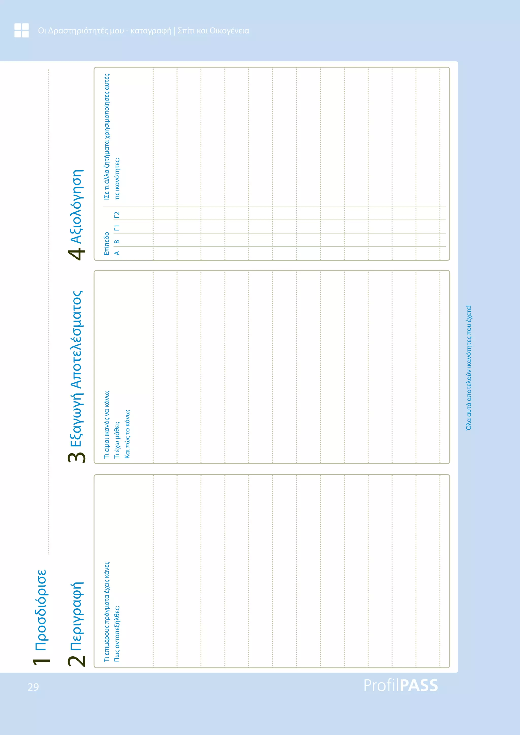 29
Οι Δραστηριότητές μου - καταγραφή | Σπίτι και Οικογένεια
Τι
επιμέρους
πράγματα
έχεις
κάνει;
Πως
ανταπεξήλθες;
Τι
είμαι
ικανός
να
κάνω;
Τι
έχω
μάθει;
Και
πώς
το
κάνω;
Όλα
αυτά
αποτελούν
ικανότητες
που
έχετε!
Επίπεδο
A
B
Γ1
Γ2
IΣε
τι
άλλα
ζητήματα
χρησιμοποίησες
αυτές
τις
ικανότητες;
4
Αξιολόγηση
3
Εξαγωγή
Αποτελέσματος
2
Περιγραφή
1
Προσδιόρισε
 