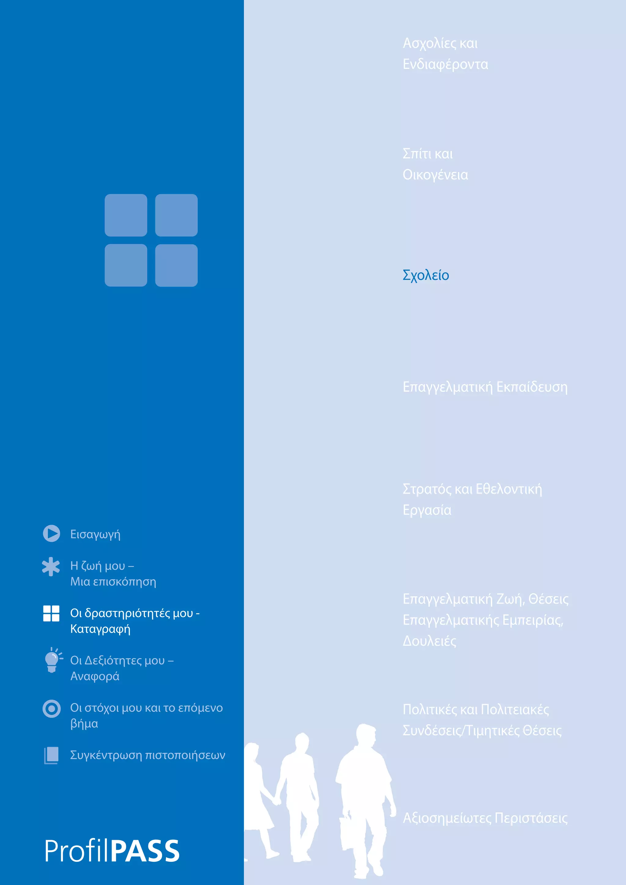 Ασχολίες και
Ενδιαφέροντα
Αξιοσημείωτες Περιστάσεις
Πολιτικές και Πολιτειακές
Συνδέσεις/Τιμητικές Θέσεις
Επαγγελματική Ζωή, Θέσεις
Επαγγελματικής Εμπειρίας,
Δουλειές
Στρατός και Εθελοντική
Εργασία
Επαγγελματική Εκπαίδευση
Σχολείο
Σπίτι και
Οικογένεια
Εισαγωγή
Η ζωή μου –
Μια επισκόπηση
Οι δραστηριότητές μου -
Καταγραφή
Οι Δεξιότητες μου –
Αναφορά
Οι στόχοι μου και το επόμενο
βήμα
Συγκέντρωση πιστοποιήσεων
Σχολείο
 