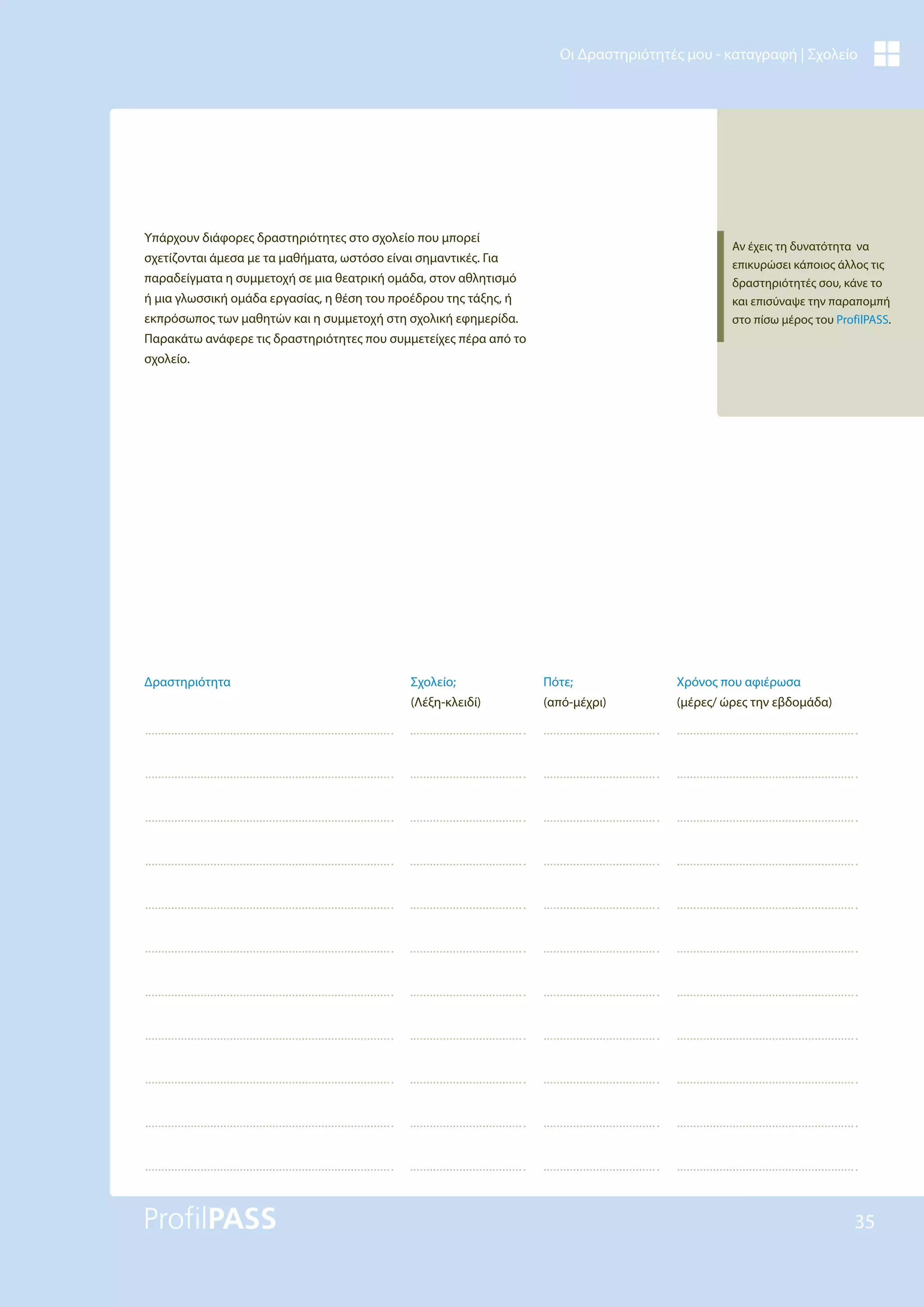 35
Οι Δραστηριότητές μου - καταγραφή | Σχολείο
Χρόνος που αφιέρωσα
(μέρες/ ώρες την εβδομάδα)
Σχολείο;
(Λέξη-κλειδί)
Πότε;
(από-μέχρι)
Δραστηριότητα
Αν έχεις τη δυνατότητα να
επικυρώσει κάποιος άλλος τις
δραστηριότητές σου, κάνε το
και επισύναψε την παραπομπή
στο πίσω μέρος του ProfilPASS.
Υπάρχουν διάφορες δραστηριότητες στο σχολείο που μπορεί
σχετίζονται άμεσα με τα μαθήματα, ωστόσο είναι σημαντικές. Για
παραδείγματα η συμμετοχή σε μια θεατρική ομάδα, στον αθλητισμό
ή μια γλωσσική ομάδα εργασίας, η θέση του προέδρου της τάξης, ή
εκπρόσωπος των μαθητών και η συμμετοχή στη σχολική εφημερίδα.
Παρακάτω ανάφερε τις δραστηριότητες που συμμετείχες πέρα από το
σχολείο.
 