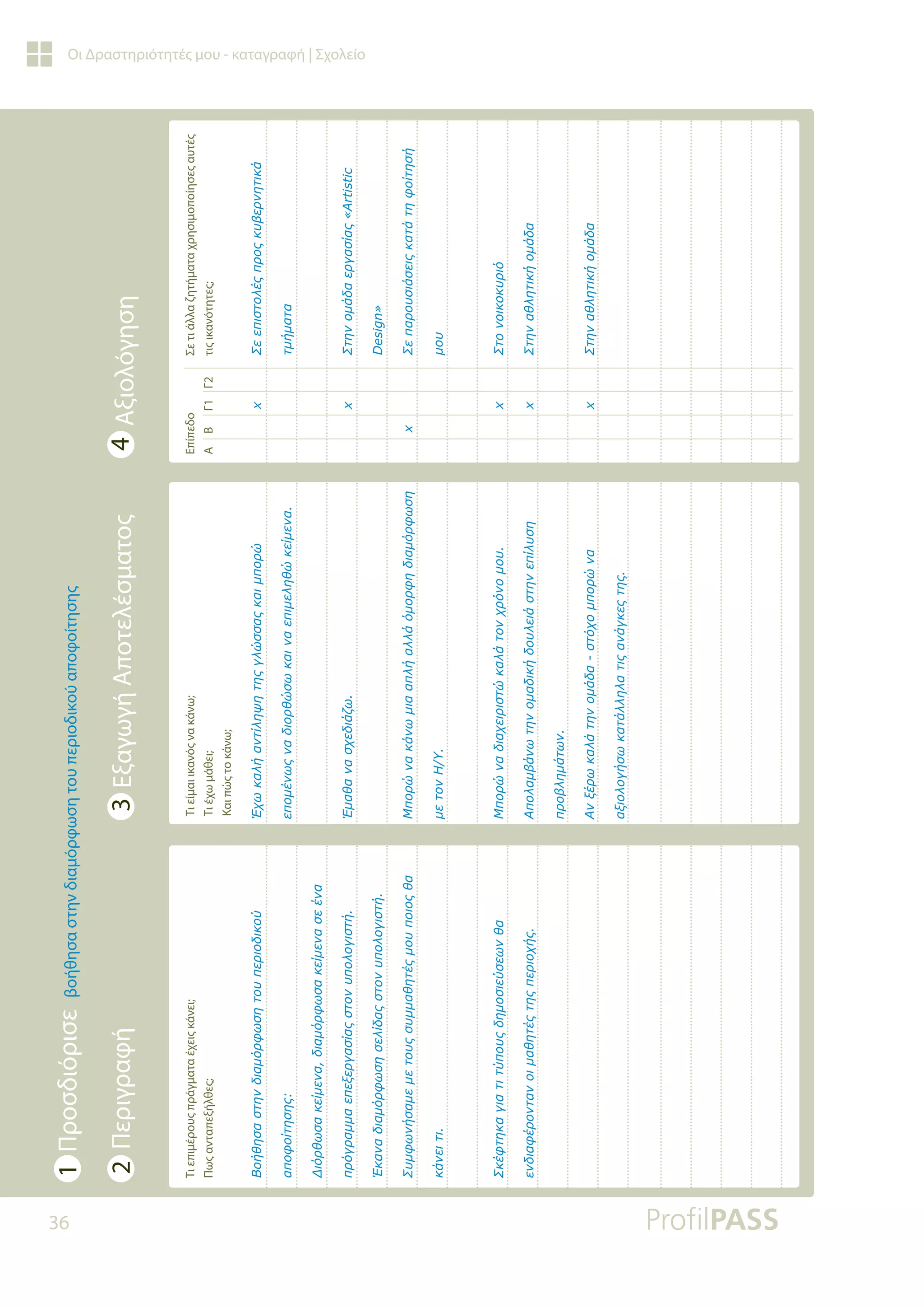 36
Οι Δραστηριότητές μου - καταγραφή | Σχολείο
Τι
επιμέρους
πράγματα
έχεις
κάνει;
Πως
ανταπεξήλθες;
Τι
είμαι
ικανός
να
κάνω;
Τι
έχω
μάθει;
Και
πώς
το
κάνω;
Επίπεδο
A
B
Γ1
Γ2
Σε
τι
άλλα
ζητήματα
χρησιμοποίησες
αυτές
τις
ικανότητες;
ƨǎǀǇǆıĮıĲǆǌįǈĮǋǗǏĳǔıǆĲǎǑȺİǏǈǎįǈǉǎǘ
ĮȺǎĳǎǁĲǆıǆǐ
ƩǈǗǏǇǔıĮǉİǁǋİǌĮįǈĮǋǗǏĳǔıĮǉİǁǋİǌĮıİƿǌĮ
ȺǏǗǄǏĮǋǋĮİȺİǍİǏǄĮıǁĮǐıĲǎǌǑȺǎǊǎǄǈıĲǀ
ƠǉĮǌĮįǈĮǋǗǏĳǔıǆıİǊǁįĮǐıĲǎǌǑȺǎǊǎǄǈıĲǀ
ƶǑǋĳǔǌǀıĮǋİǋİĲǎǑǐıǑǋǋĮǇǆĲƿǐǋǎǑȺǎǈǎǐǇĮ
ǉƾǌİǈĲǈ
ƶǉƿĳĲǆǉĮǄǈĮĲǈĲǘȺǎǑǐįǆǋǎıǈİǘıİǔǌǇĮ
İǌįǈĮĳƿǏǎǌĲĮǌǎǈǋĮǇǆĲƿǐĲǆǐȺİǏǈǎǒǀǐ
ƠǒǔǉĮǊǀĮǌĲǁǊǆǓǆĲǆǐǄǊǙııĮǐǉĮǈǋȺǎǏǙ
İȺǎǋƿǌǔǐǌĮįǈǎǏǇǙıǔǉĮǈǌĮİȺǈǋİǊǆǇǙǉİǁǋİǌĮ
ƠǋĮǇĮǌĮıǒİįǈƾǅǔ
ưȺǎǏǙǌĮǉƾǌǔǋǈĮĮȺǊǀĮǊǊƾǗǋǎǏĳǆįǈĮǋǗǏĳǔıǆ
ǋİĲǎǌƬƸ
ưȺǎǏǙǌĮįǈĮǒİǈǏǈıĲǙǉĮǊƾĲǎǌǒǏǗǌǎǋǎǑ
ƧȺǎǊĮǋǃƾǌǔĲǆǌǎǋĮįǈǉǀįǎǑǊİǈƾıĲǆǌİȺǁǊǑıǆ
ȺǏǎǃǊǆǋƾĲǔǌ
ƧǌǍƿǏǔǉĮǊƾĲǆǌǎǋƾįĮıĲǗǒǎǋȺǎǏǙǌĮ
ĮǍǈǎǊǎǄǀıǔǉĮĲƾǊǊǆǊĮĲǈǐĮǌƾǄǉİǐĲǆǐ


[

ƶİİȺǈıĲǎǊƿǐȺǏǎǐǉǑǃİǏǌǆĲǈǉƾ




ĲǋǀǋĮĲĮ


[

ƶĲǆǌǎǋƾįĮİǏǄĮıǁĮǐ©$UWLVWLF




'HVLJQª

[


ƶİȺĮǏǎǑıǈƾıİǈǐǉĮĲƾĲǆĳǎǁĲǆıǀ




ǋǎǑ




[

ƶĲǎǌǎǈǉǎǉǑǏǈǗ


[

ƶĲǆǌĮǇǊǆĲǈǉǀǎǋƾįĮ




[

ƶĲǆǌĮǇǊǆĲǈǉǀǎǋƾįĮ
1
Προσδιόρισε
βοήθησα
στην
διαμόρφωση
του
περιοδικού
αποφοίτησης
3
Εξαγωγή
Αποτελέσματος
4
Αξιολόγηση
2
Περιγραφή
 