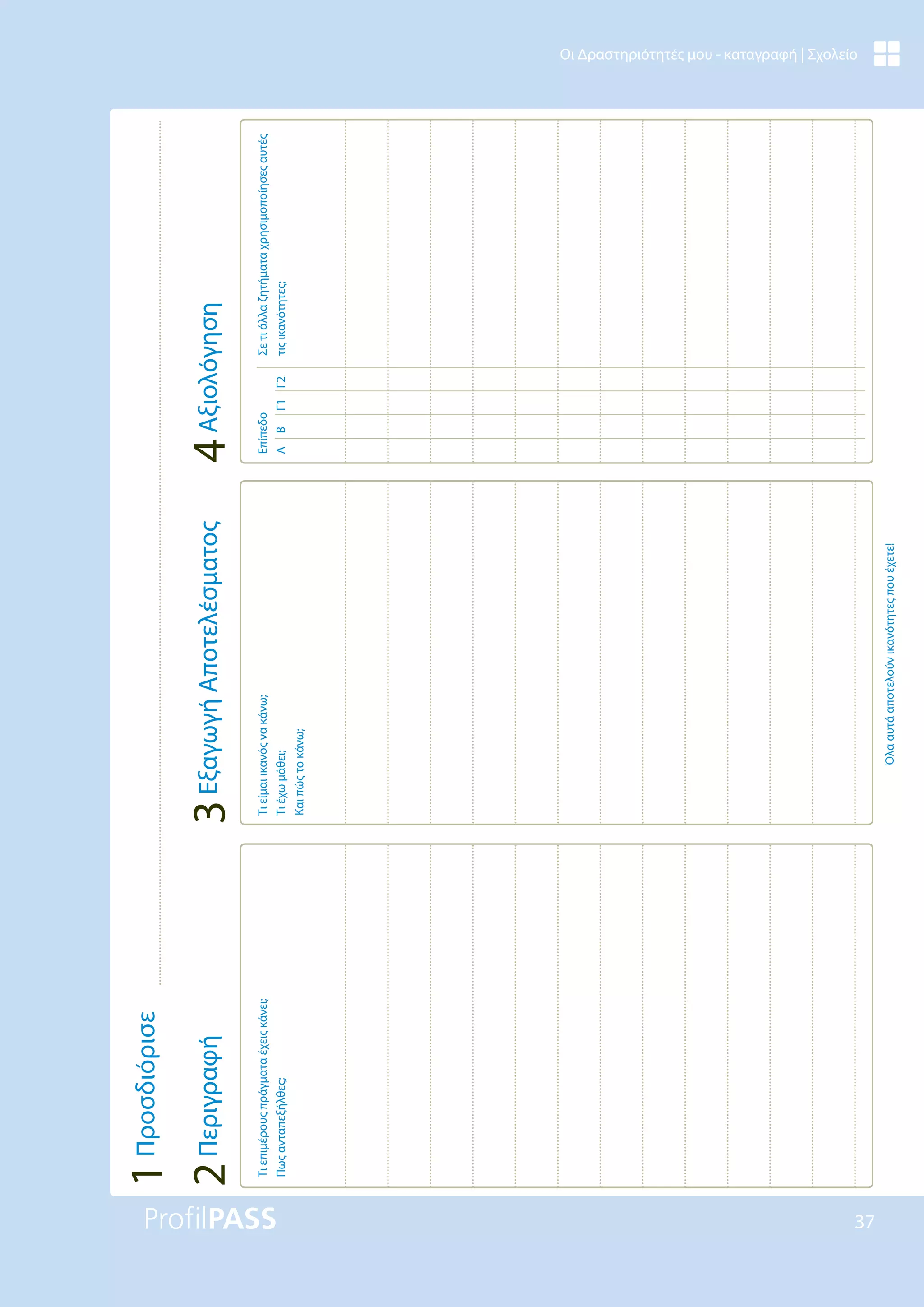 37
Οι Δραστηριότητές μου - καταγραφή | Σχολείο
Τι
επιμέρους
πράγματα
έχεις
κάνει;
Πως
ανταπεξήλθες;
Τι
είμαι
ικανός
να
κάνω;
Τι
έχω
μάθει;
Και
πώς
το
κάνω;
Όλα
αυτά
αποτελούν
ικανότητες
που
έχετε!
Επίπεδο
A
B
Γ1
Γ2
Σε
τι
άλλα
ζητήματα
χρησιμοποίησες
αυτές
τις
ικανότητες;
4
Αξιολόγηση
3
Εξαγωγή
Αποτελέσματος
2
Περιγραφή
1
Προσδιόρισε
 