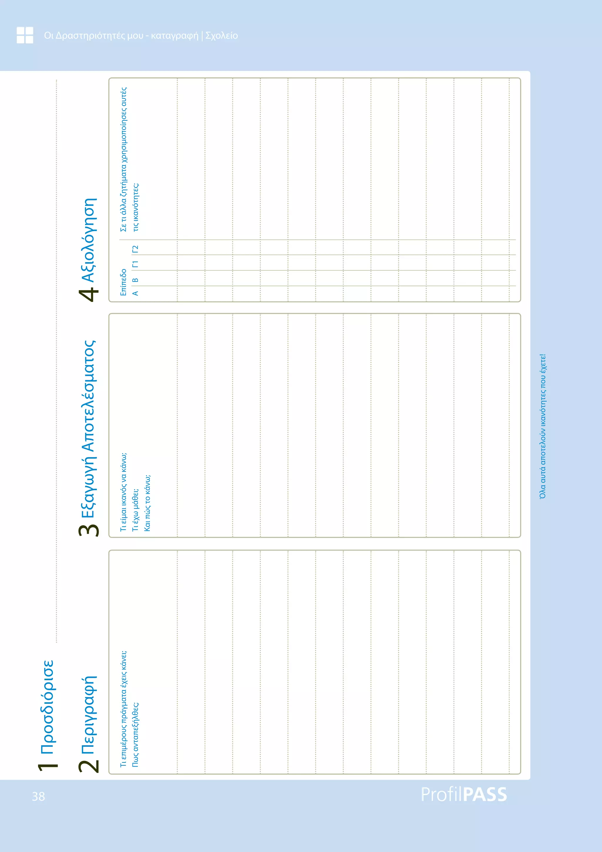 38
Οι Δραστηριότητές μου - καταγραφή | Σχολείο
Τι
επιμέρους
πράγματα
έχεις
κάνει;
Πως
ανταπεξήλθες;
Τι
είμαι
ικανός
να
κάνω;
Τι
έχω
μάθει;
Και
πώς
το
κάνω;
Όλα
αυτά
αποτελούν
ικανότητες
που
έχετε!
Επίπεδο
A
B
Γ1
Γ2
Σε
τι
άλλα
ζητήματα
χρησιμοποίησες
αυτές
τις
ικανότητες;
4
Αξιολόγηση
3
Εξαγωγή
Αποτελέσματος
2
Περιγραφή
1
Προσδιόρισε
 