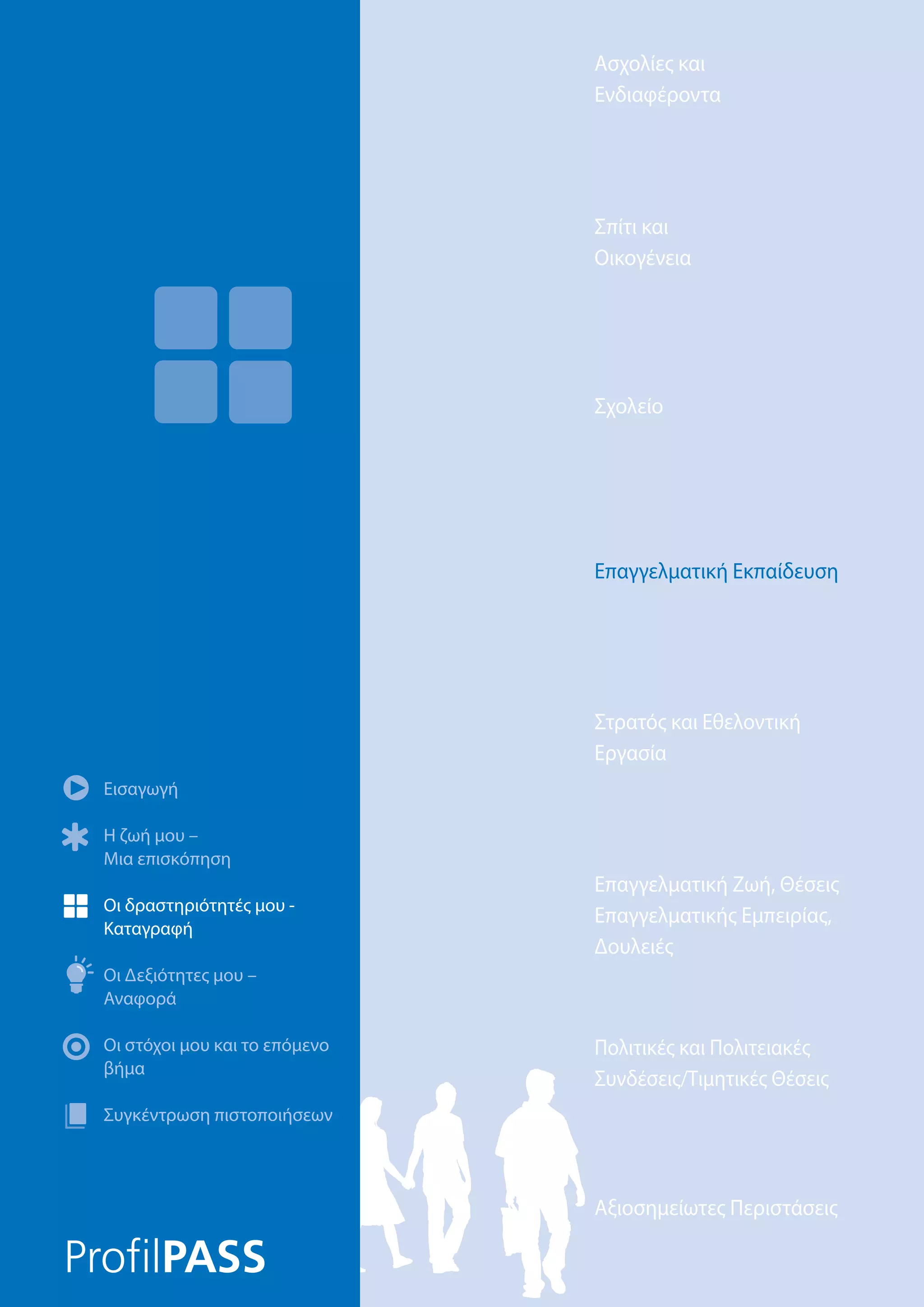 Ασχολίες και
Ενδιαφέροντα
Αξιοσημείωτες Περιστάσεις
Πολιτικές και Πολιτειακές
Συνδέσεις/Τιμητικές Θέσεις
Επαγγελματική Ζωή, Θέσεις
Επαγγελματικής Εμπειρίας,
Δουλειές
Στρατός και Εθελοντική
Εργασία
Επαγγελματική Εκπαίδευση
Σχολείο
Σπίτι και
Οικογένεια
Εισαγωγή
Η ζωή μου –
Μια επισκόπηση
Οι δραστηριότητές μου -
Καταγραφή
Οι Δεξιότητες μου –
Αναφορά
Οι στόχοι μου και το επόμενο
βήμα
Συγκέντρωση πιστοποιήσεων
Επαγγελματική Εκπαίδευση
 