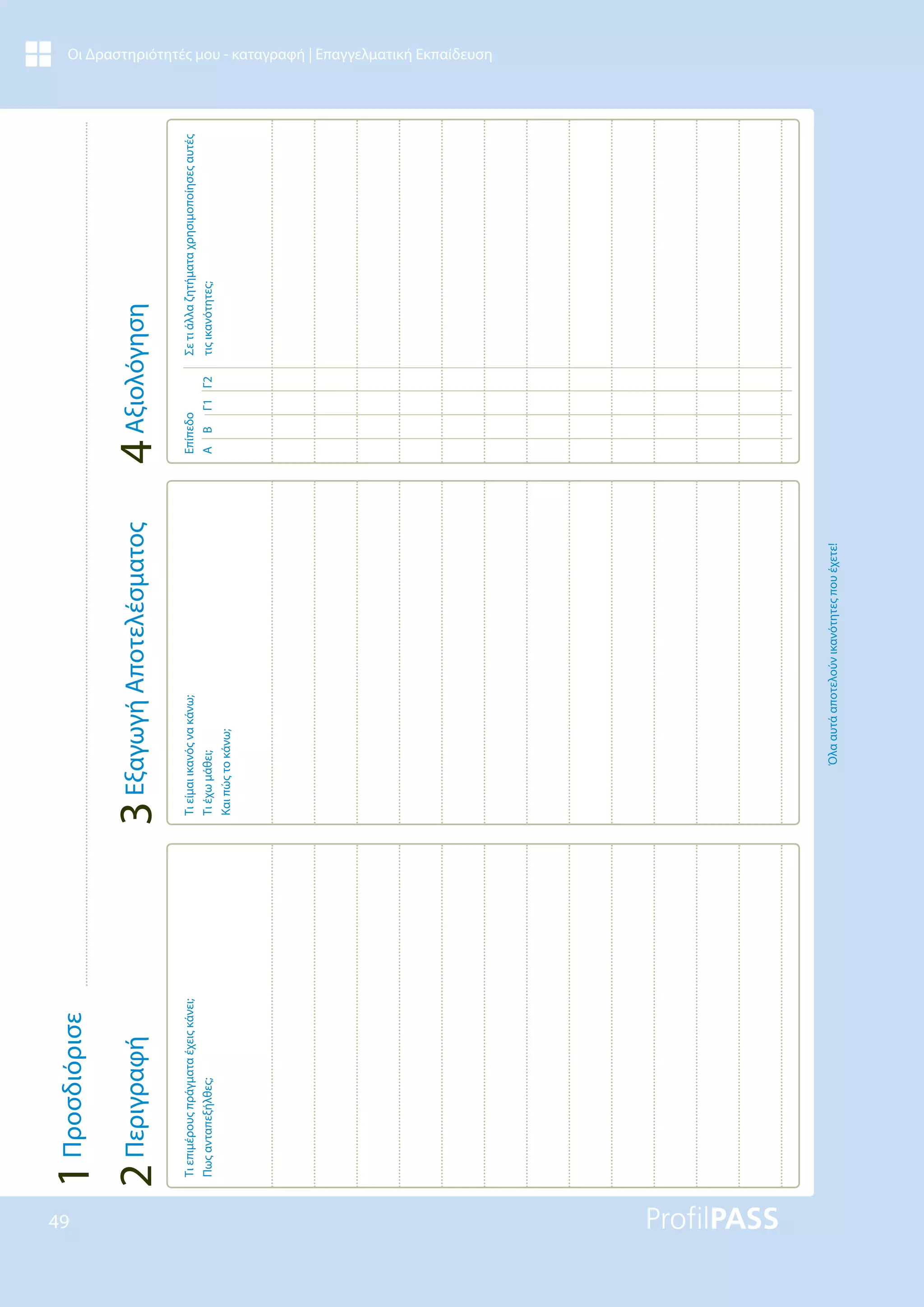 49
Οι Δραστηριότητές μου - καταγραφή | Επαγγελματική Εκπαίδευση
Τι
επιμέρους
πράγματα
έχεις
κάνει;
Πως
ανταπεξήλθες;
Τι
είμαι
ικανός
να
κάνω;
Τι
έχω
μάθει;
Και
πώς
το
κάνω;
Όλα
αυτά
αποτελούν
ικανότητες
που
έχετε!
Επίπεδο
A
B
Γ1
Γ2
Σε
τι
άλλα
ζητήματα
χρησιμοποίησες
αυτές
τις
ικανότητες;
4
Αξιολόγηση
3
Εξαγωγή
Αποτελέσματος
2
Περιγραφή
1
Προσδιόρισε
 