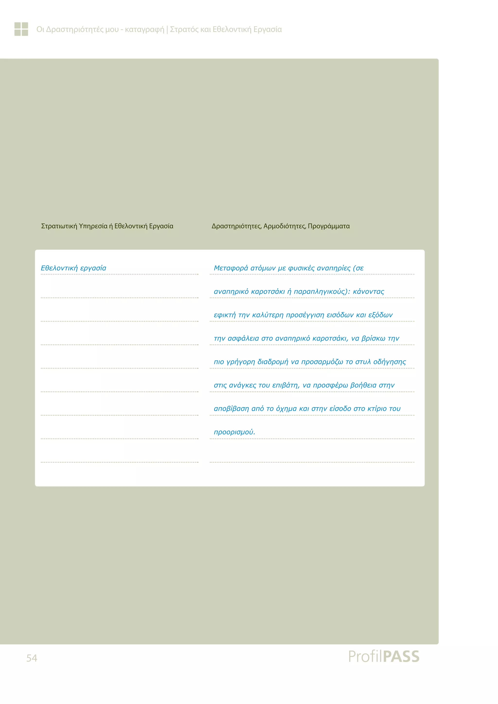 54
Οι Δραστηριότητές μου - καταγραφή | Στρατός και Εθελοντική Εργασία
ƪǇİǊǎǌĲǈǉǀİǏǄĮıǁĮ ưİĲĮĳǎǏƾĮĲǗǋǔǌǋİĳǑıǈǉƿǐĮǌĮȺǆǏǁİǐ ıİ
ĮǌĮȺǆǏǈǉǗǉĮǏǎĲıƾǉǈǀȺĮǏĮȺǊǆǄǈǉǎǘǐ ǉƾǌǎǌĲĮǐ
İĳǈǉĲǀĲǆǌǉĮǊǘĲİǏǆȺǏǎıƿǄǄǈıǆİǈıǗįǔǌǉĮǈİǍǗįǔǌ





































































































ĲǆǌĮıĳƾǊİǈĮıĲǎĮǌĮȺǆǏǈǉǗǉĮǏǎĲıƾǉǈǌĮǃǏǁıǉǔĲǆǌ
ȺǈǎǄǏǀǄǎǏǆįǈĮįǏǎǋǀǌĮȺǏǎıĮǏǋǗǅǔĲǎıĲǑǊǎįǀǄǆıǆǐ
ıĲǈǐĮǌƾǄǉİǐĲǎǑİȺǈǃƾĲǆǌĮȺǏǎıĳƿǏǔǃǎǀǇİǈĮıĲǆǌ
ĮȺǎǃǁǃĮıǆĮȺǗĲǎǗǒǆǋĮǉĮǈıĲǆǌİǁıǎįǎıĲǎǉĲǁǏǈǎĲǎǑ
ȺǏǎǎǏǈıǋǎǘ
Δραστηριότητες, Αρμοδιότητες, Προγράμματα
Στρατιωτική Υπηρεσία ή Εθελοντική Εργασία
 