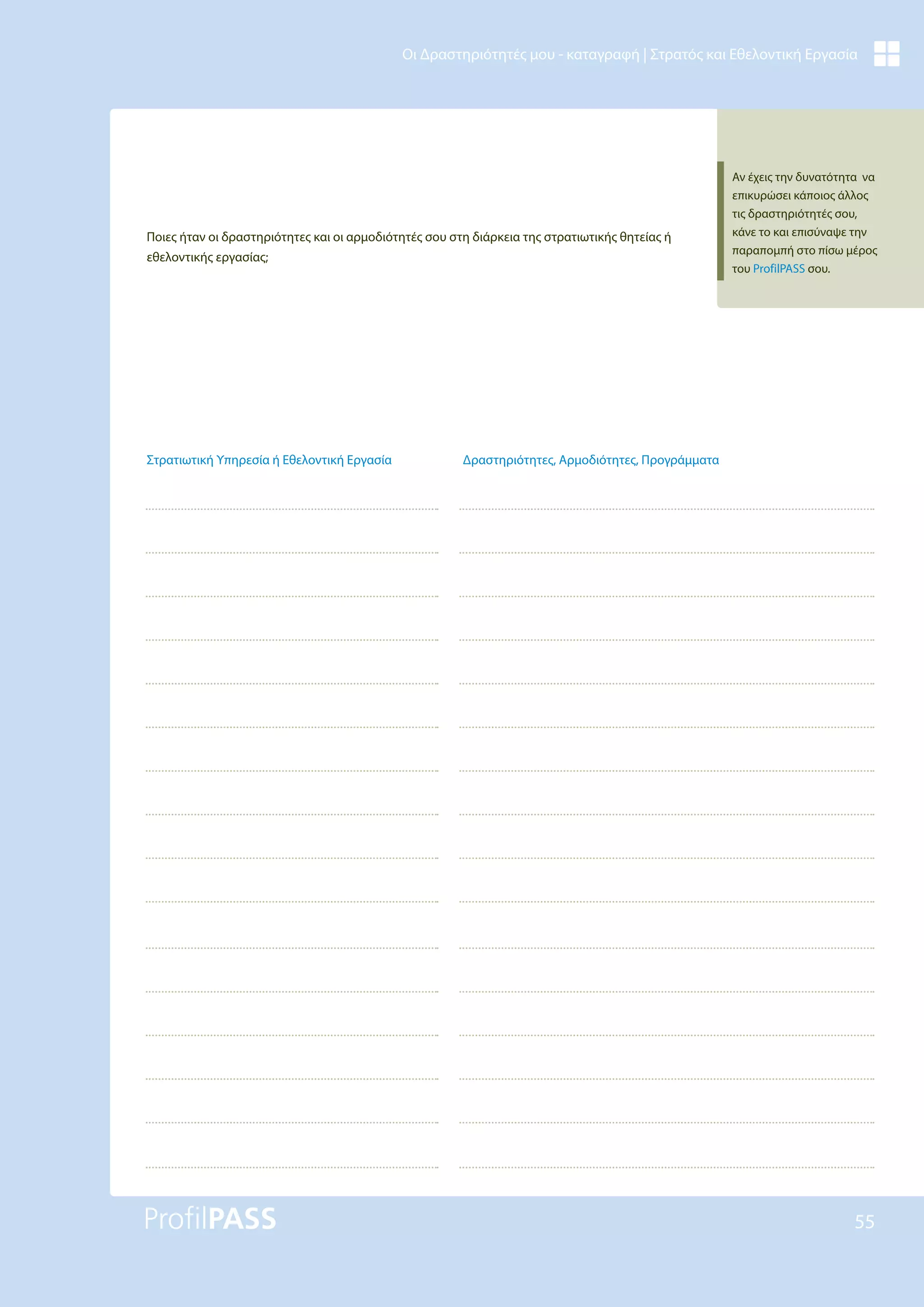 55
Οι Δραστηριότητές μου - καταγραφή | Στρατός και Εθελοντική Εργασία
Ποιες ήταν οι δραστηριότητες και οι αρμοδιότητές σου στη διάρκεια της στρατιωτικής θητείας ή
εθελοντικής εργασίας;
Δραστηριότητες, Αρμοδιότητες, Προγράμματα
Στρατιωτική Υπηρεσία ή Εθελοντική Εργασία
Αν έχεις την δυνατότητα να
επικυρώσει κάποιος άλλος
τις δραστηριότητές σου,
κάνε το και επισύναψε την
παραπομπή στο πίσω μέρος
του ProfilPASS σου.
 